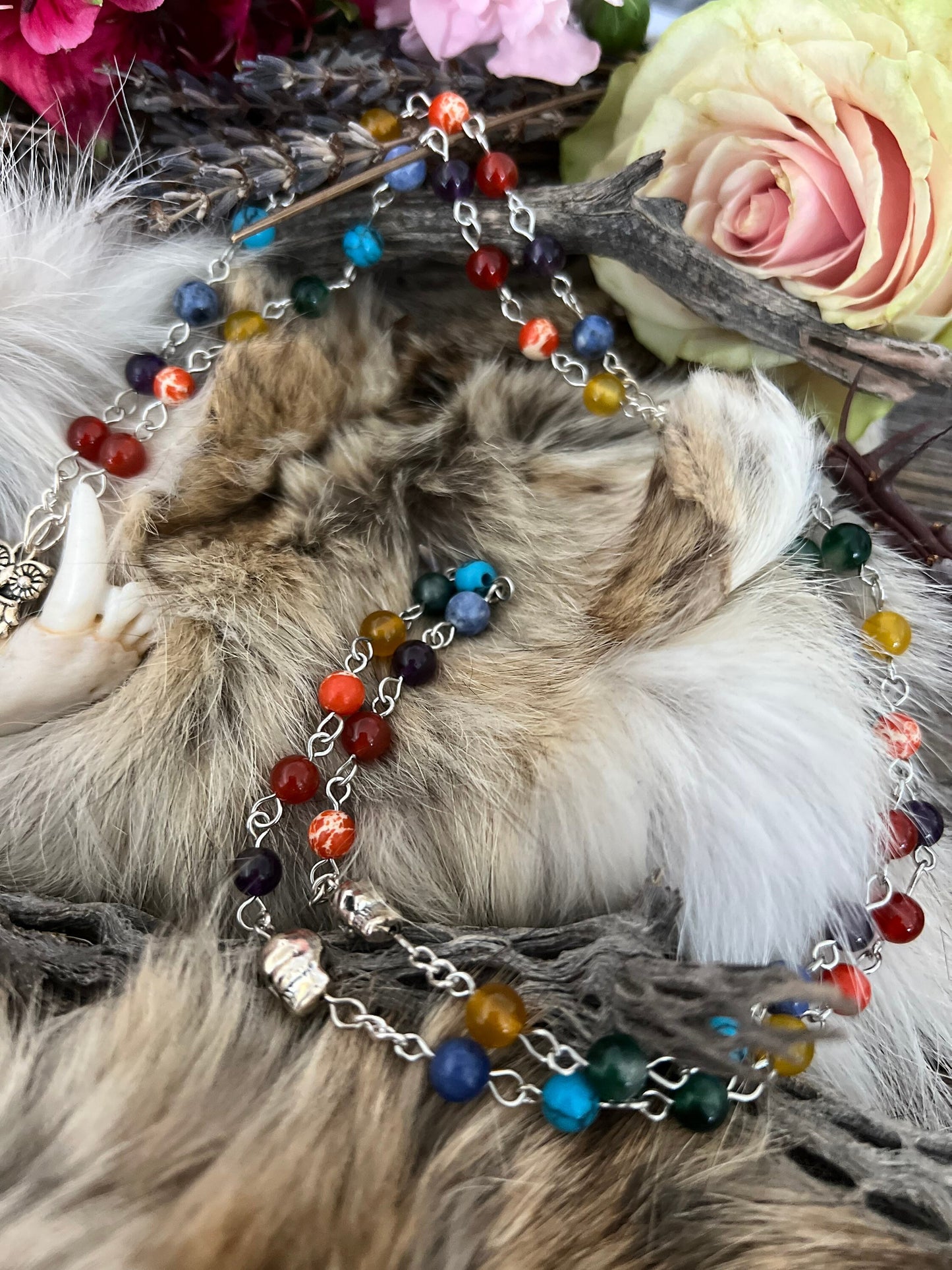 Santa Muerte Siete Colores Rosary + 7 Potencias + All-Purpose + Blessed + Gemstone + Sterling Silver Plated Chain + Handcrafted + Rosario