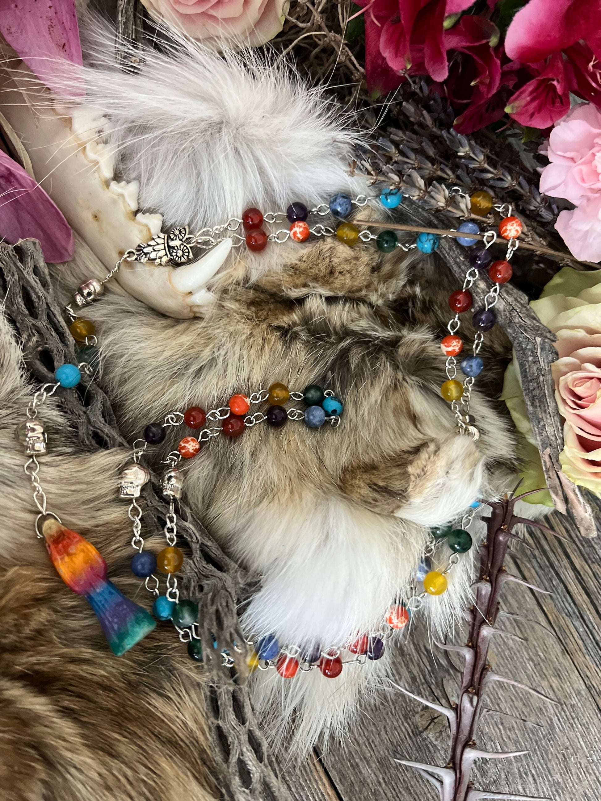 Santa Muerte Siete Colores Rosary + 7 Potencias + All-Purpose + Blessed + Gemstone + Sterling Silver Plated Chain + Handcrafted + Rosario