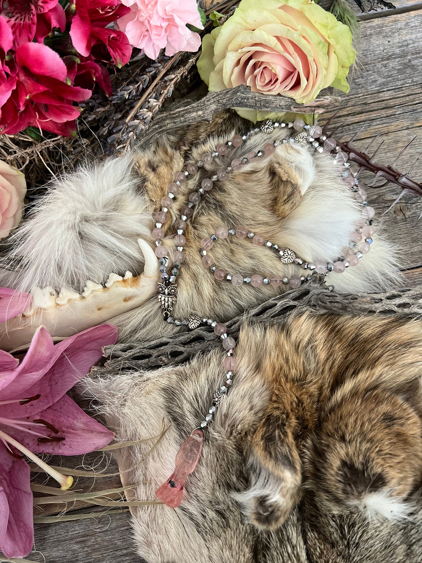 Santa Muerte Rosada Rose Quartz Rosary de Hilo + Handcrafted + Gemstone + Rosario + Pink + Love