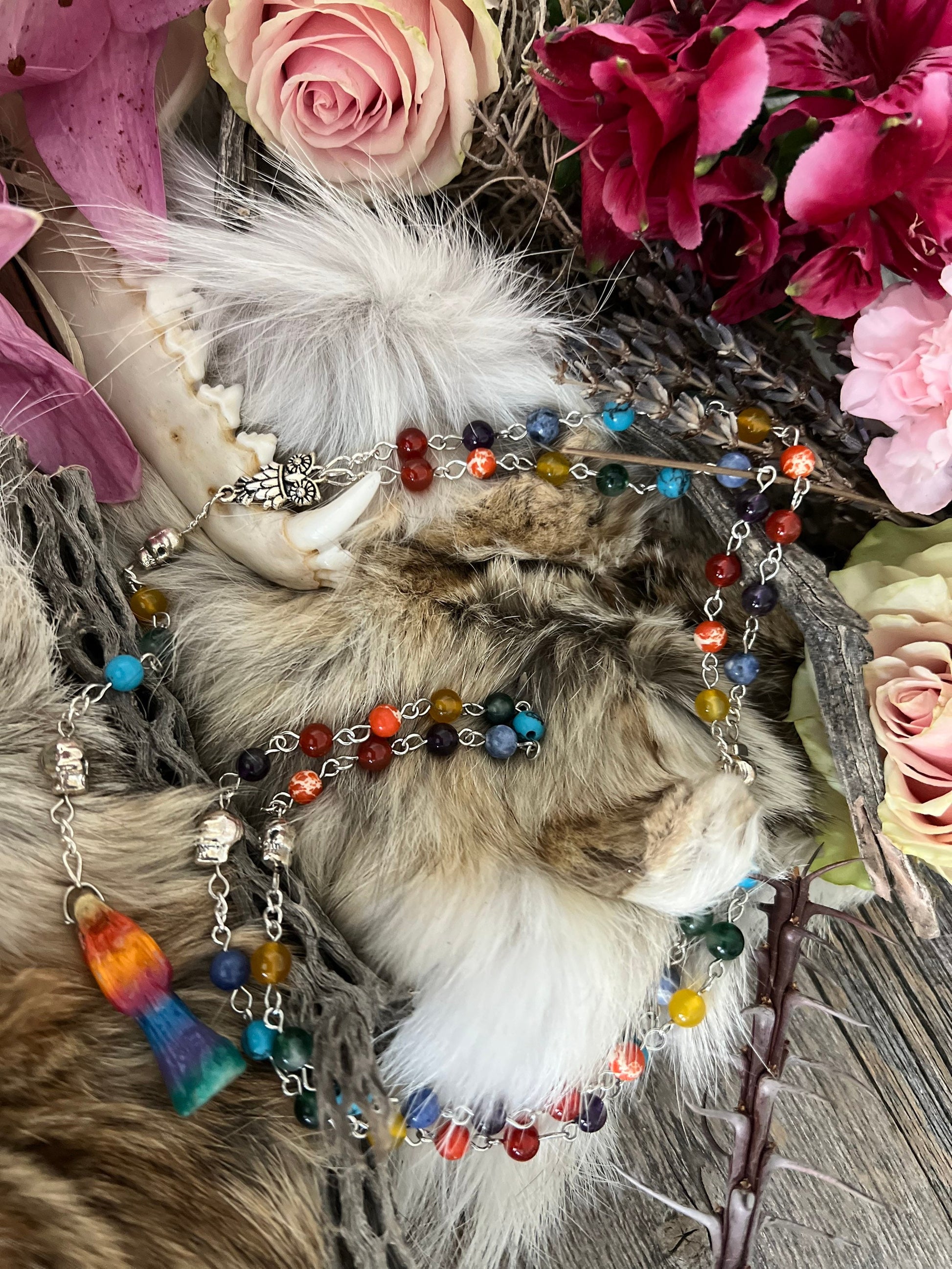 Santa Muerte Siete Colores Rosary + 7 Potencias + All-Purpose + Blessed + Gemstone + Sterling Silver Plated Chain + Handcrafted + Rosario