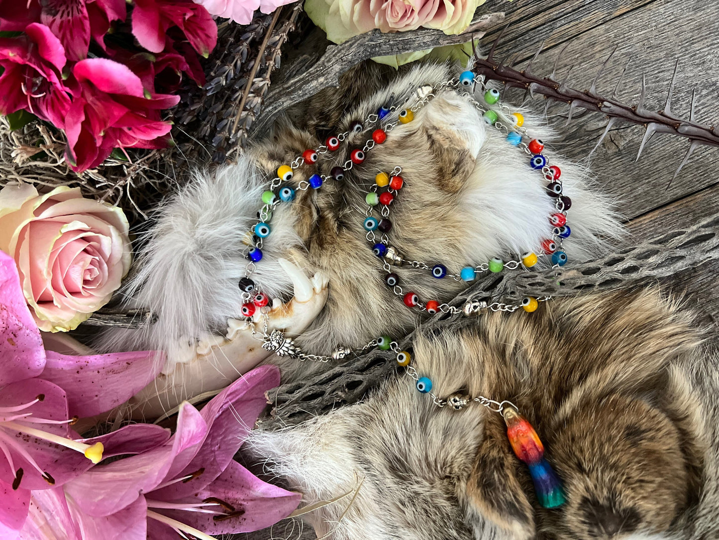 Santa Muerte Siete Colores Evil Eye Rosary + Blessed + Sterling Silver Plated Chain + Handcrafted + Rosario