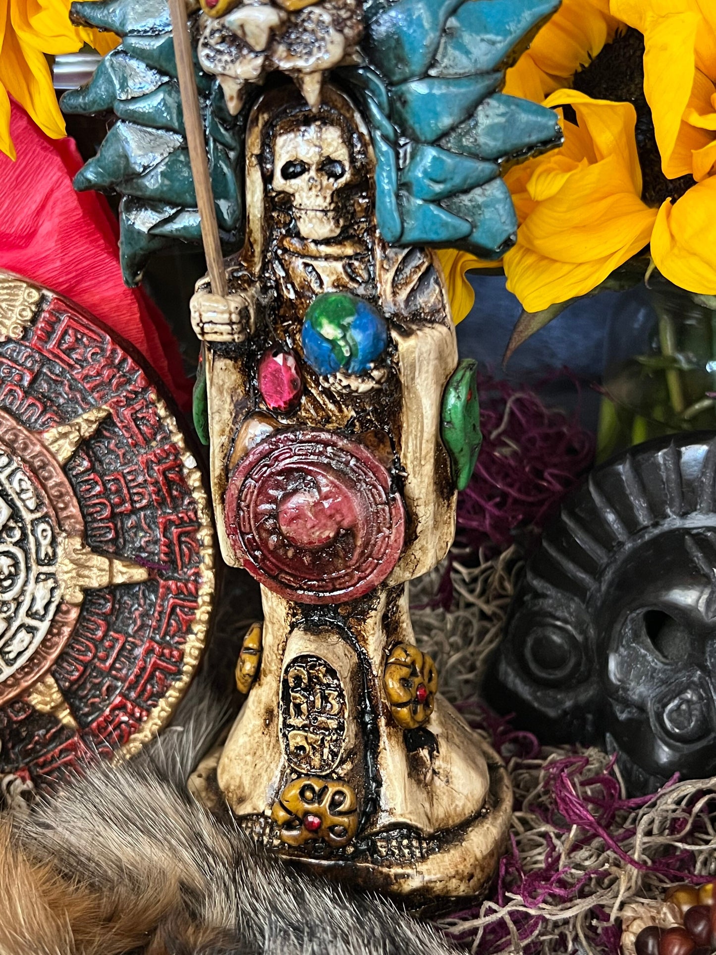 Santa Muerte Azteca Statue + 24K Gold + Baptized + Fixed + Made in Mexico