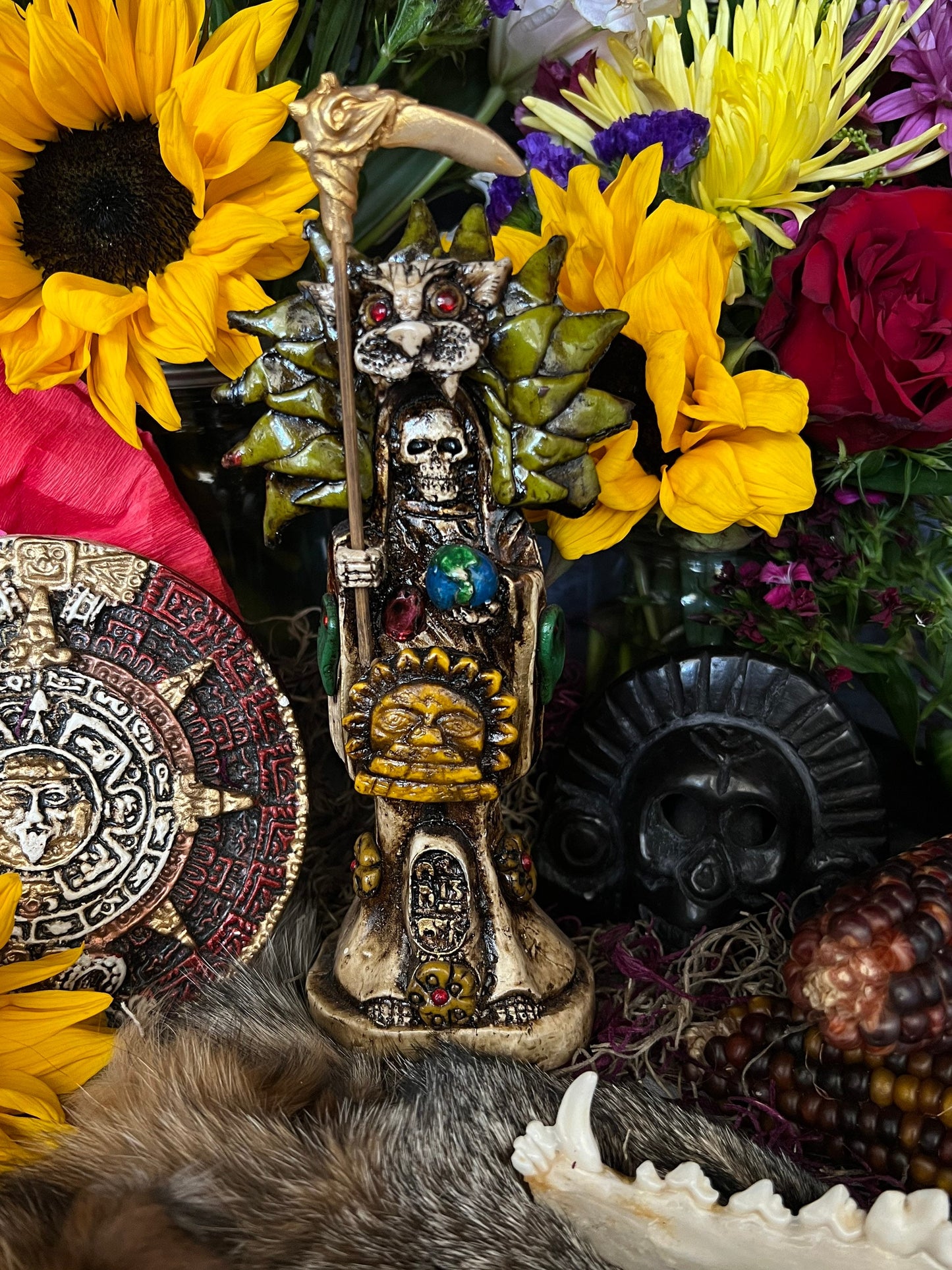 Santa Muerte Azteca Statue + 24K Gold + Baptized + Fixed + Made in Mexico