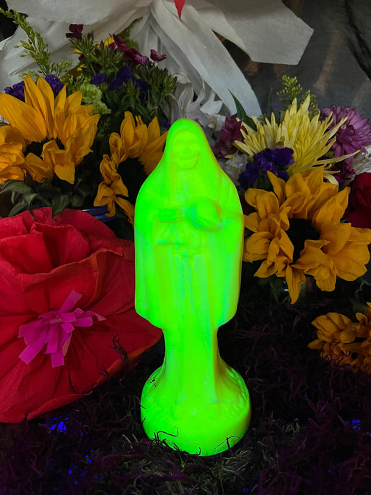 Neon Santa Muerte Figure Candle + Blessed + Glows under Blacklight
