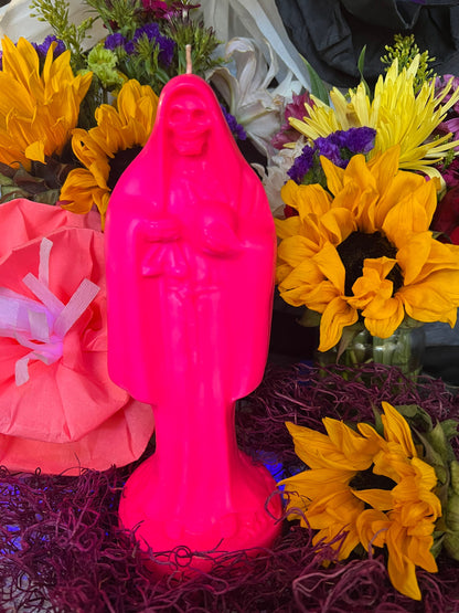 Neon Santa Muerte Figure Candle + Blessed + Glows under Blacklight