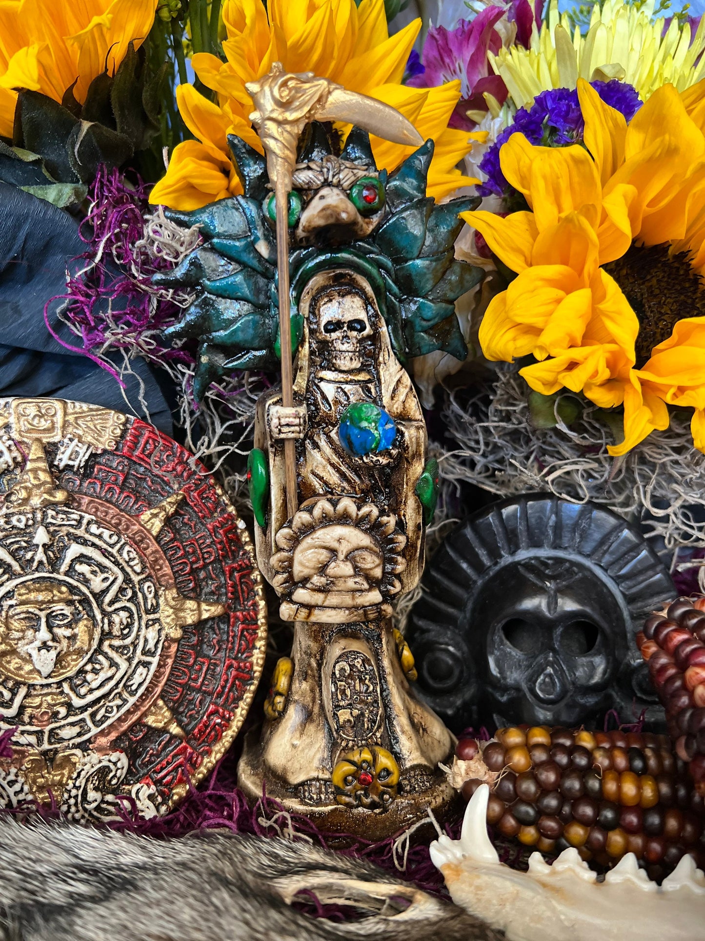 Santa Muerte Azteca Statue + 24K Gold + Baptized + Fixed + Made in Mexico