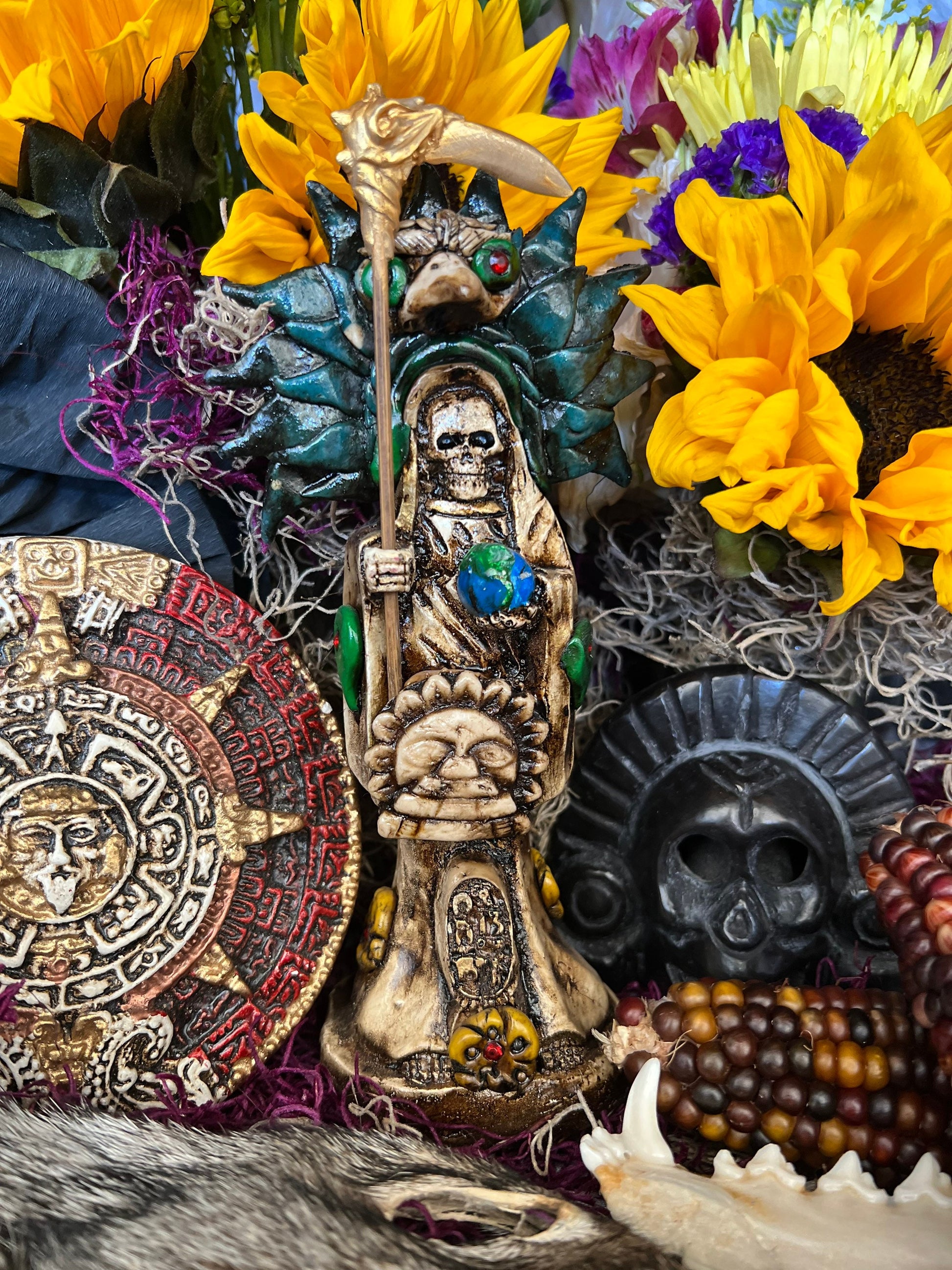 Santa Muerte Azteca Statue + 24K Gold + Baptized + Fixed + Made in Mexico