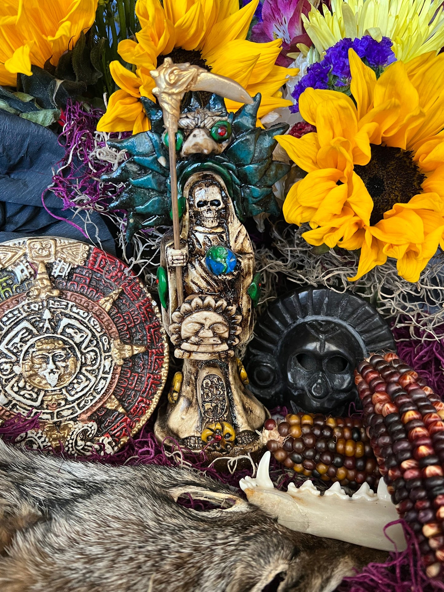 Santa Muerte Azteca Statue + 24K Gold + Baptized + Fixed + Made in Mexico