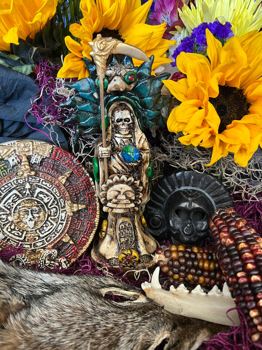 Santa Muerte Azteca Statue + 24K Gold + Baptized + Fixed + Made in Mexico