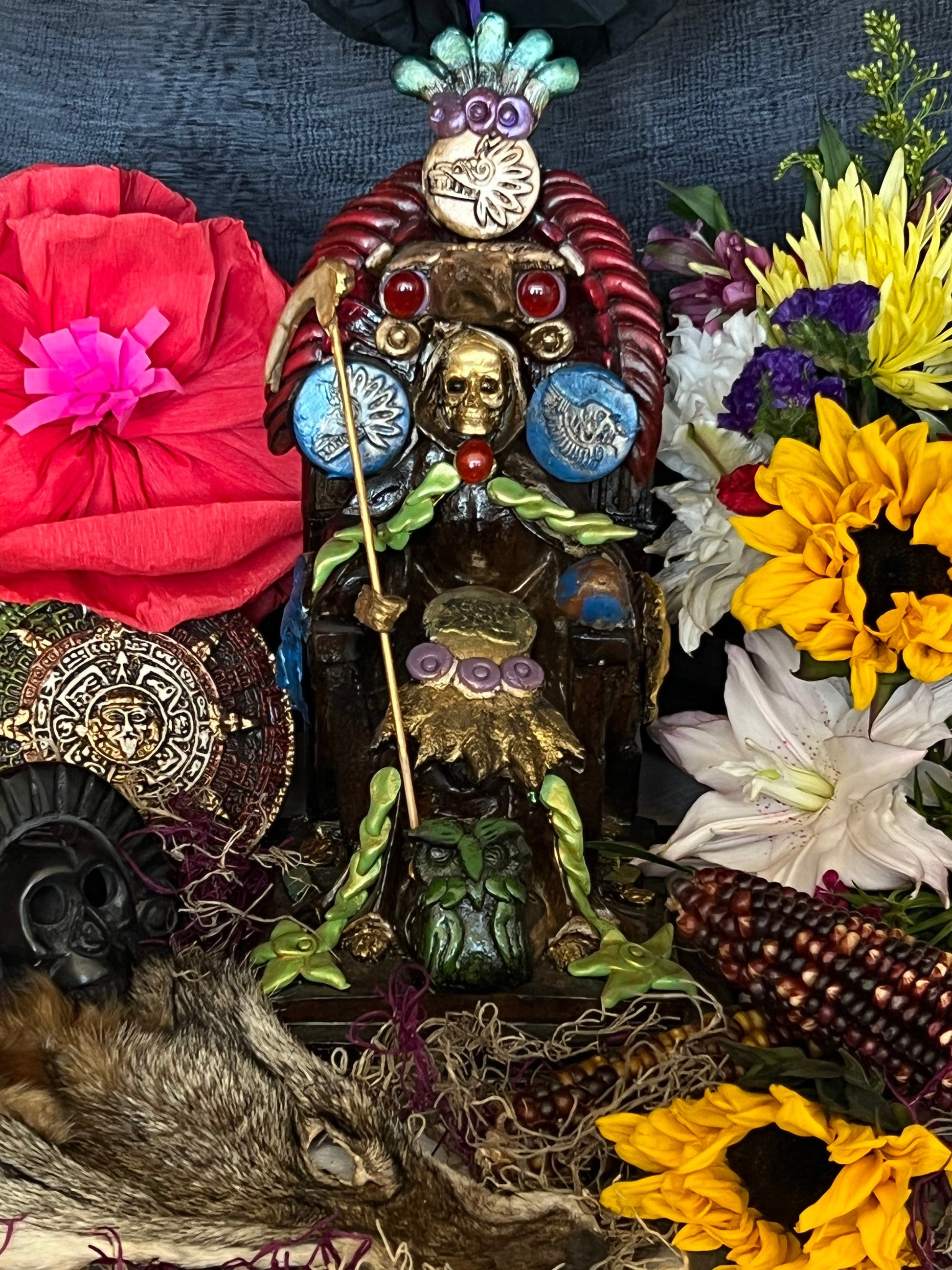 Santa Muerte Seated Azteca Statue + 24K Gold Leaf + Baptized + Fixed + Made in Mexico + Aztek + Trono + Veneration