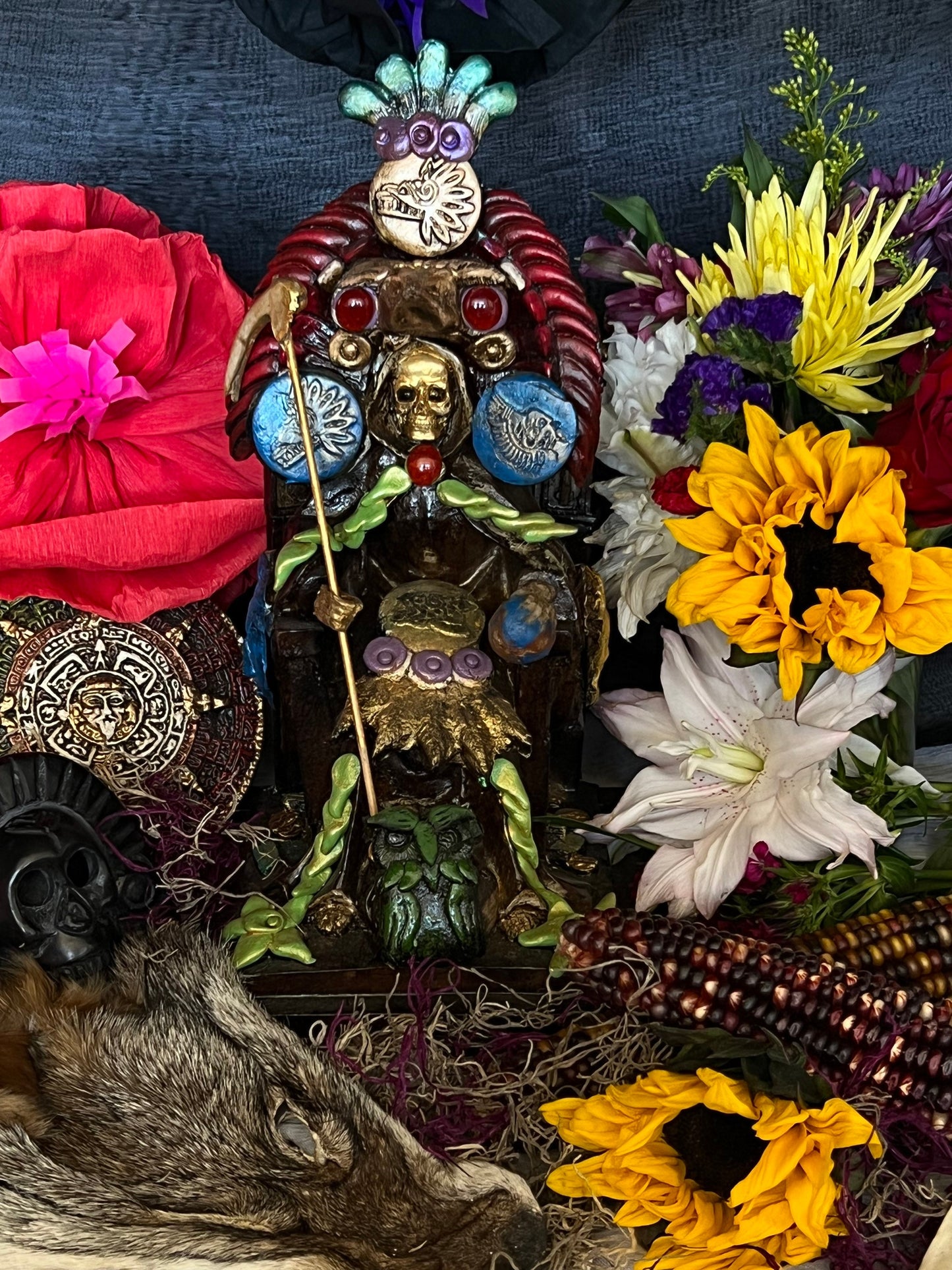 Santa Muerte Seated Azteca Statue + 24K Gold Leaf + Baptized + Fixed + Made in Mexico + Aztek + Trono + Veneration