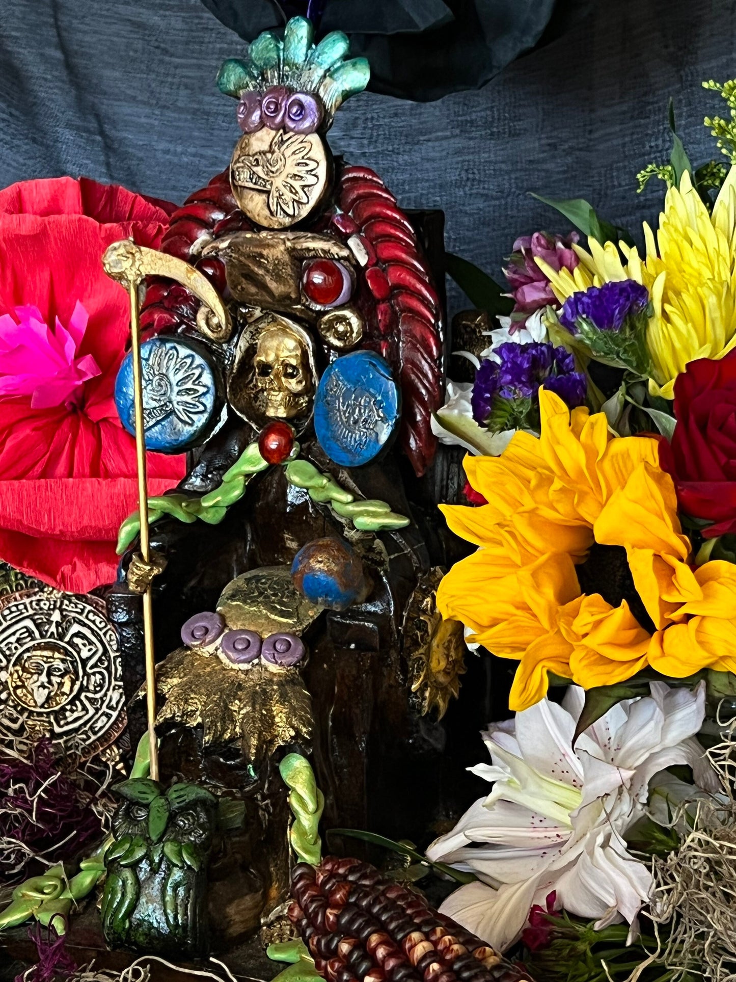 Santa Muerte Seated Azteca Statue + 24K Gold Leaf + Baptized + Fixed + Made in Mexico + Aztek + Trono + Veneration