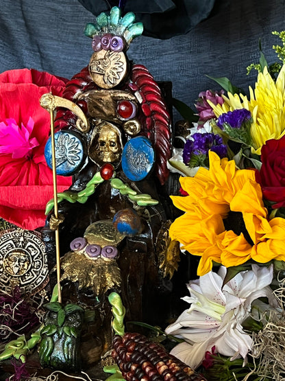 Santa Muerte Seated Azteca Statue + 24K Gold Leaf + Baptized + Fixed + Made in Mexico + Aztek + Trono + Veneration
