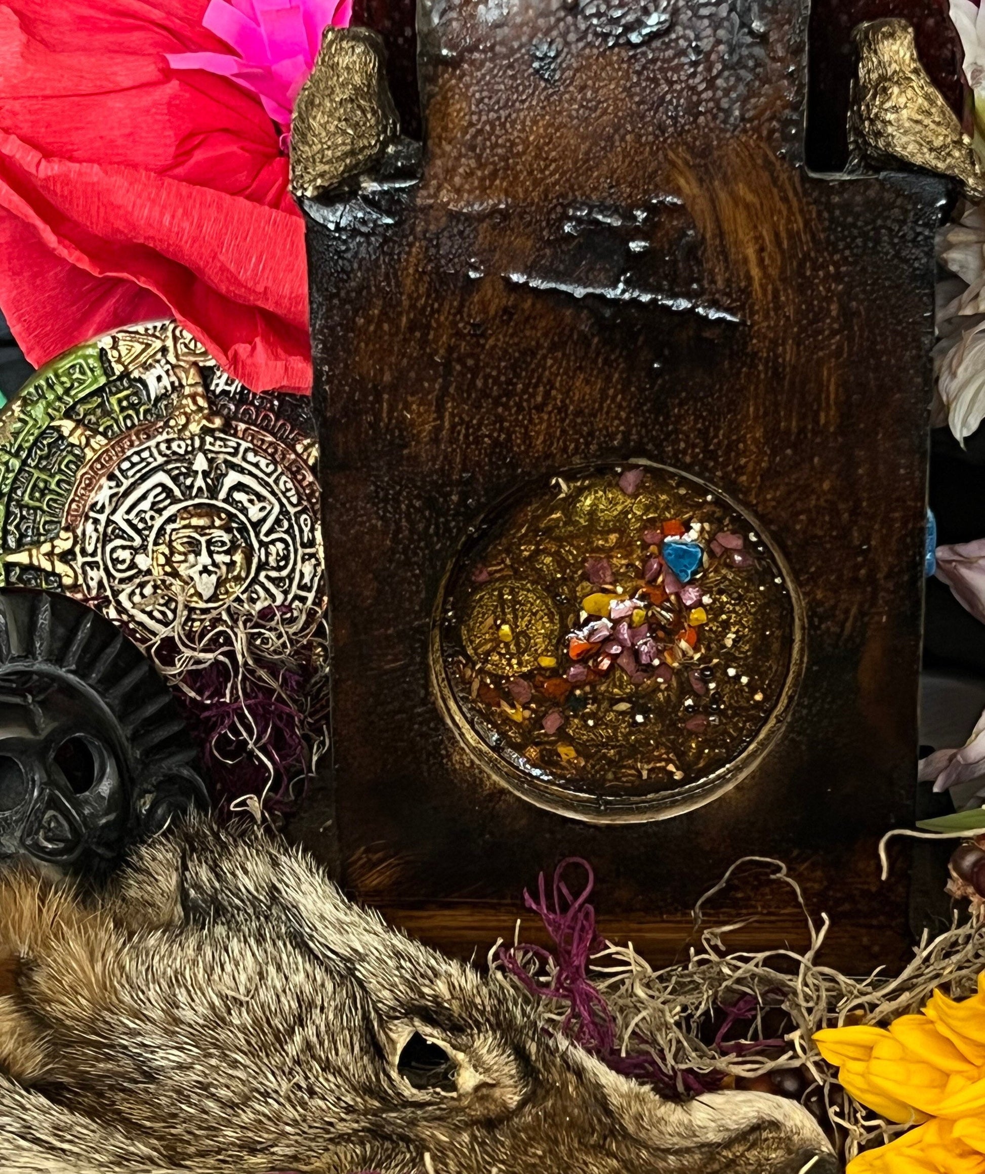 Santa Muerte Seated Azteca Statue + 24K Gold Leaf + Baptized + Fixed + Made in Mexico + Aztek + Trono + Veneration