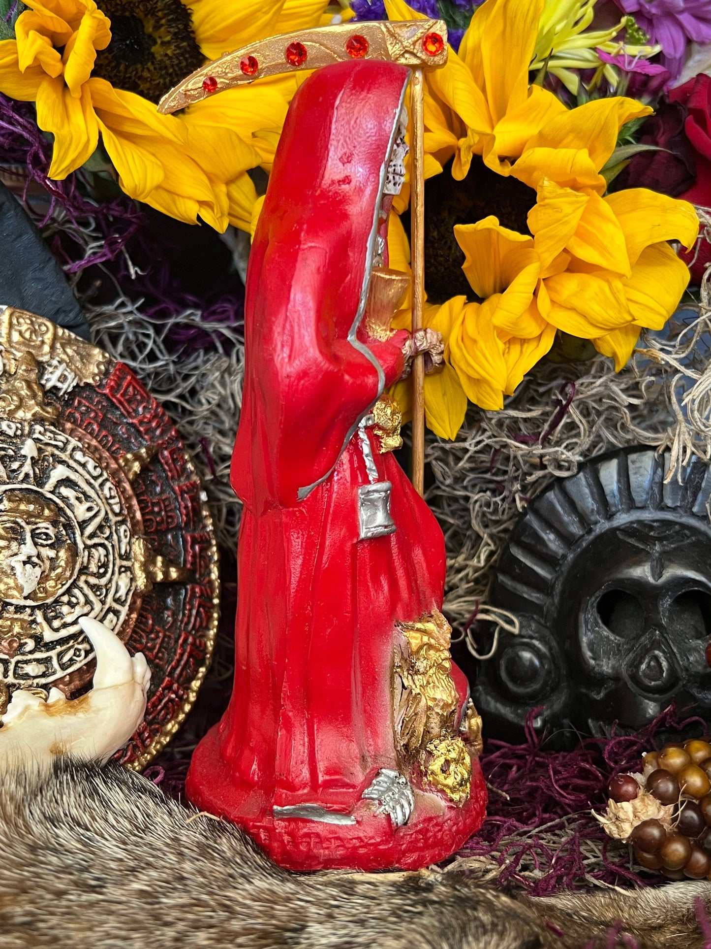 Santa Muerte Roja Statue + 24K Gold + Chalice + Baptized + Sterling Silver + Fixed + Made in Mexico