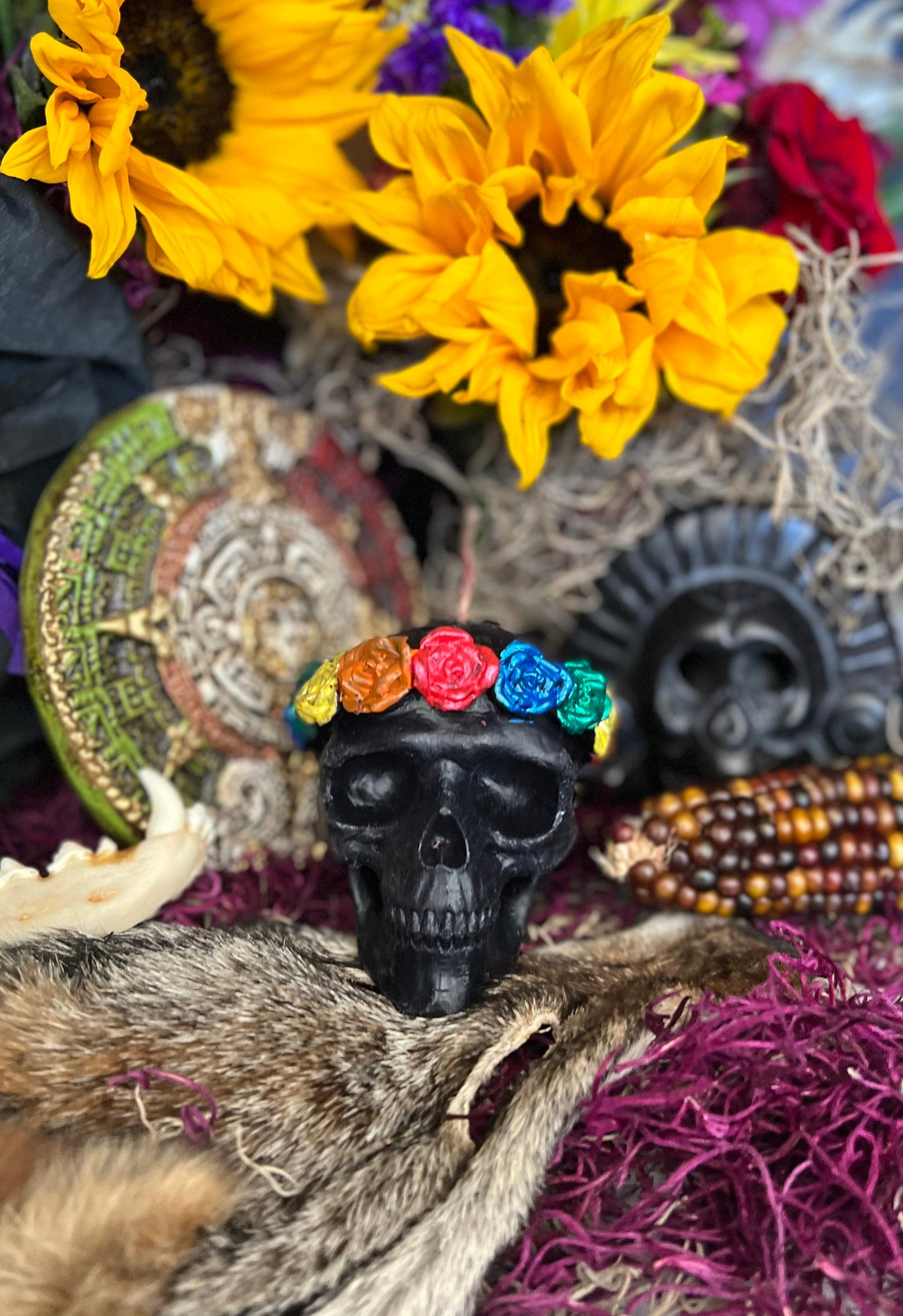 Skull Candle with Rainbow Roses + Hand Painted