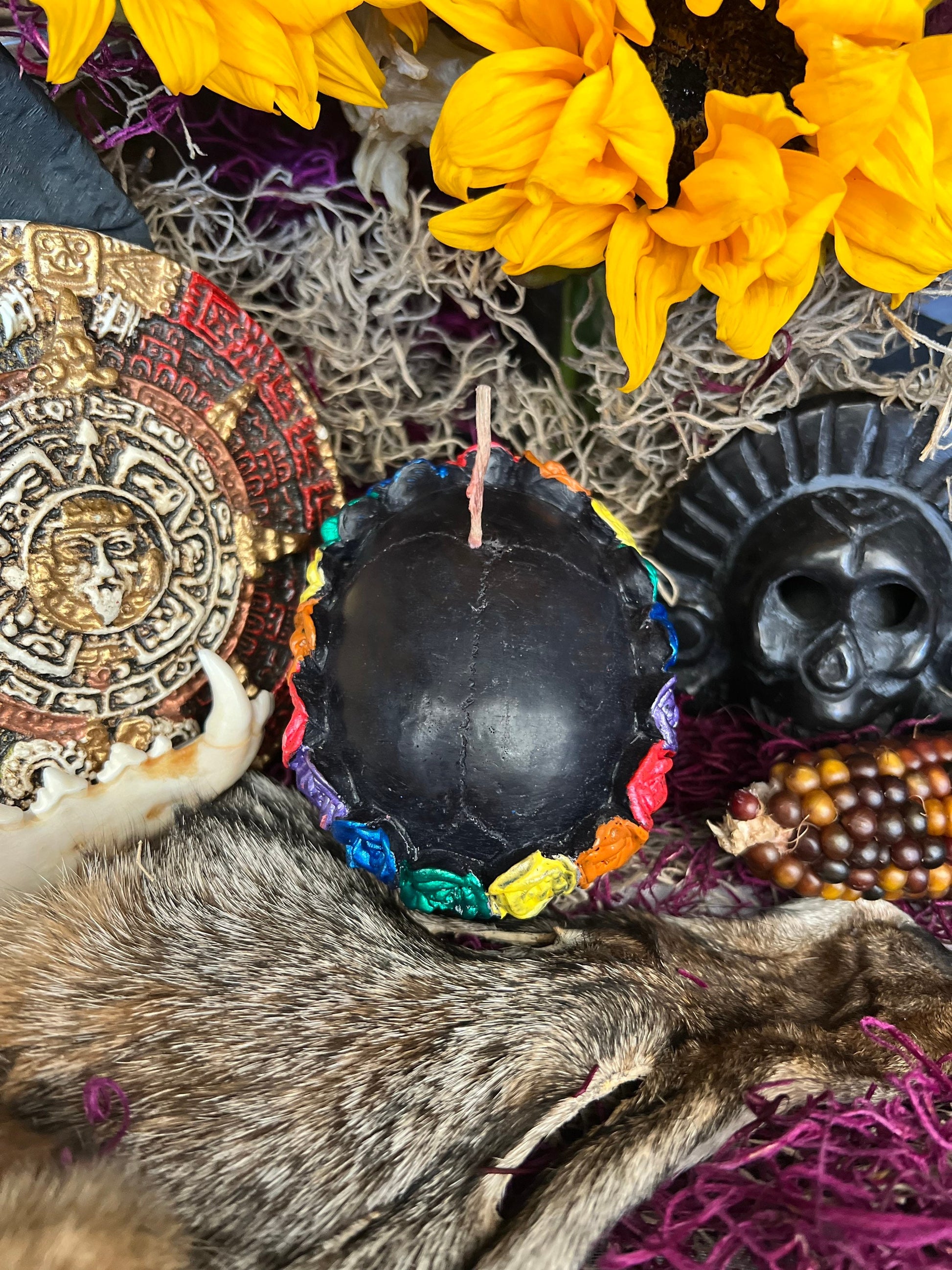 Skull Candle with Rainbow Roses + Hand Painted