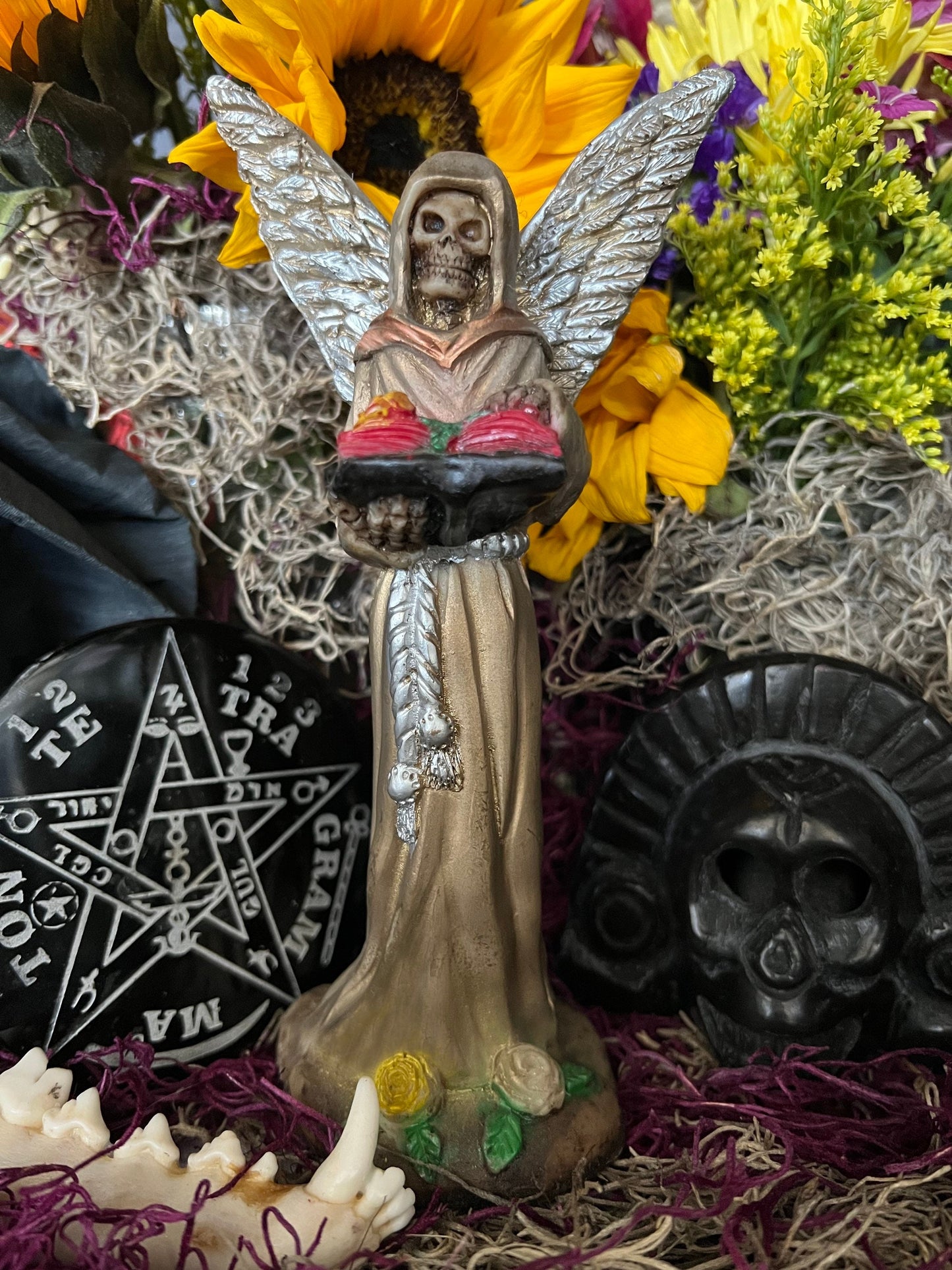 Santa Muerte Dorada + Gold + with Silver Wings Statue + Baptized + Fixed + Made in Mexico