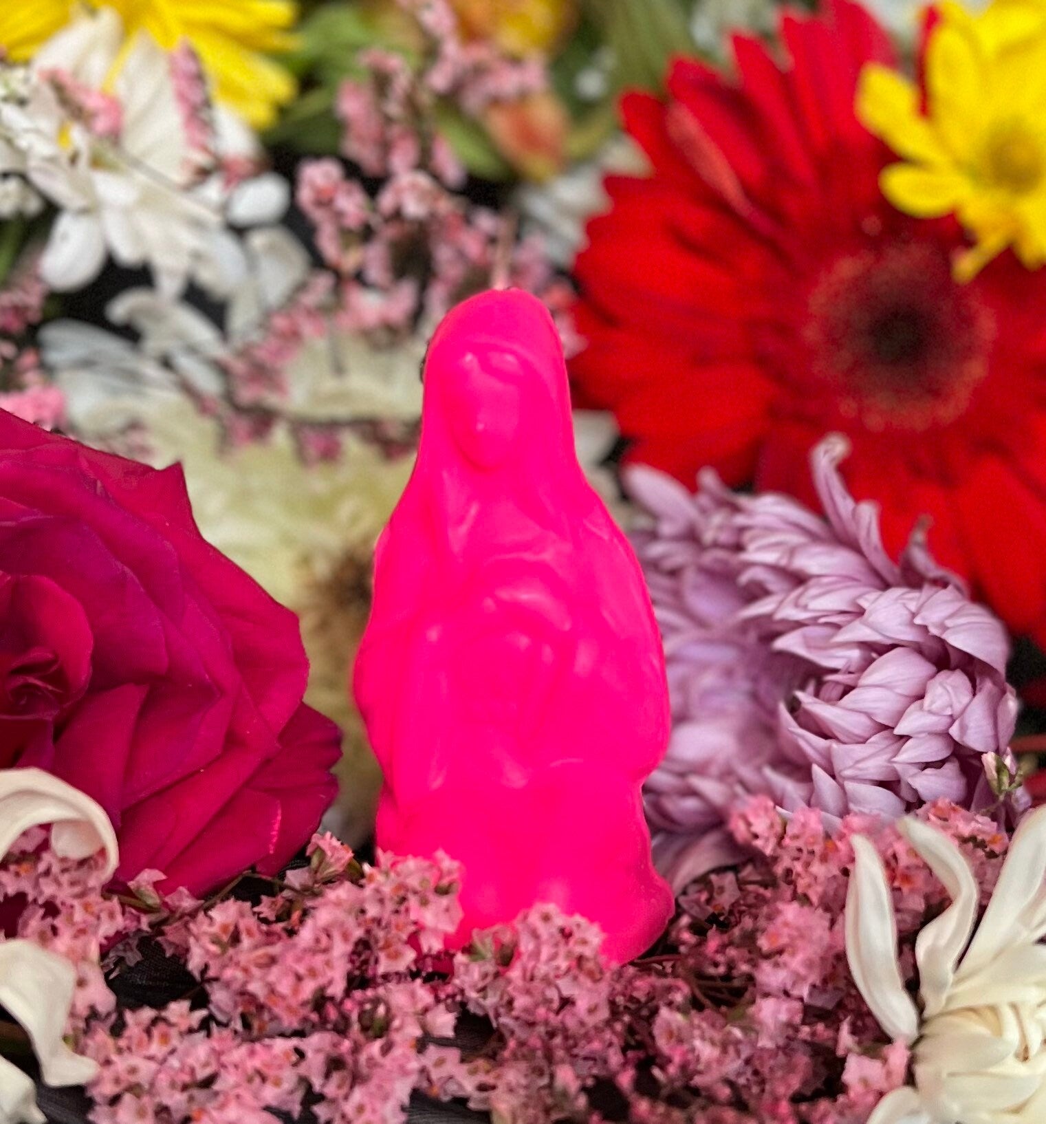 4” Neon Praying Mary Candle + Blessings + Spirituality + Glows under Blacklight