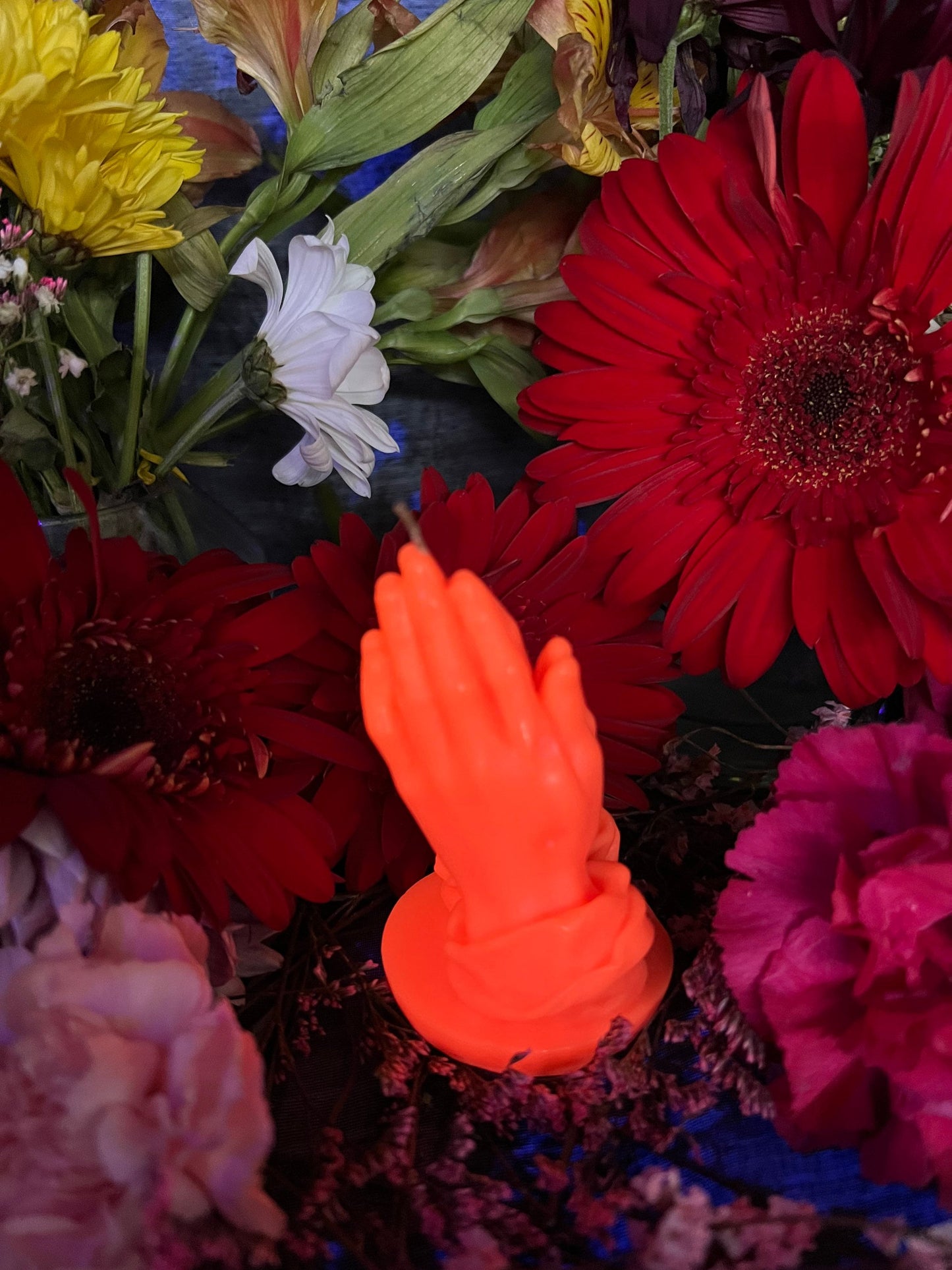 Neon Praying Hands Candle + Glows under Blacklight