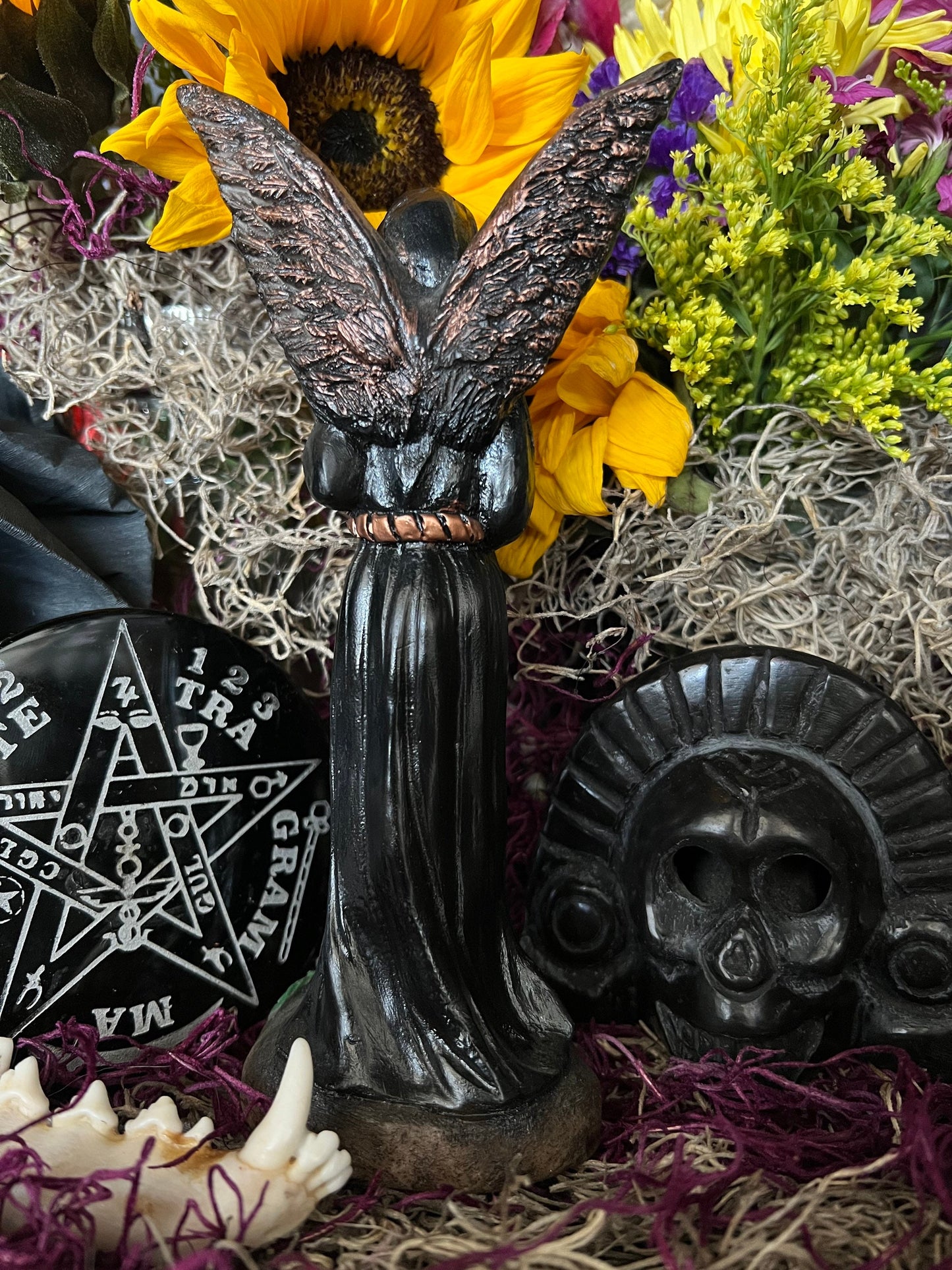 Santa Muerte Negra with Copper Wings Statue + Baptized + Fixed + Made in Mexico