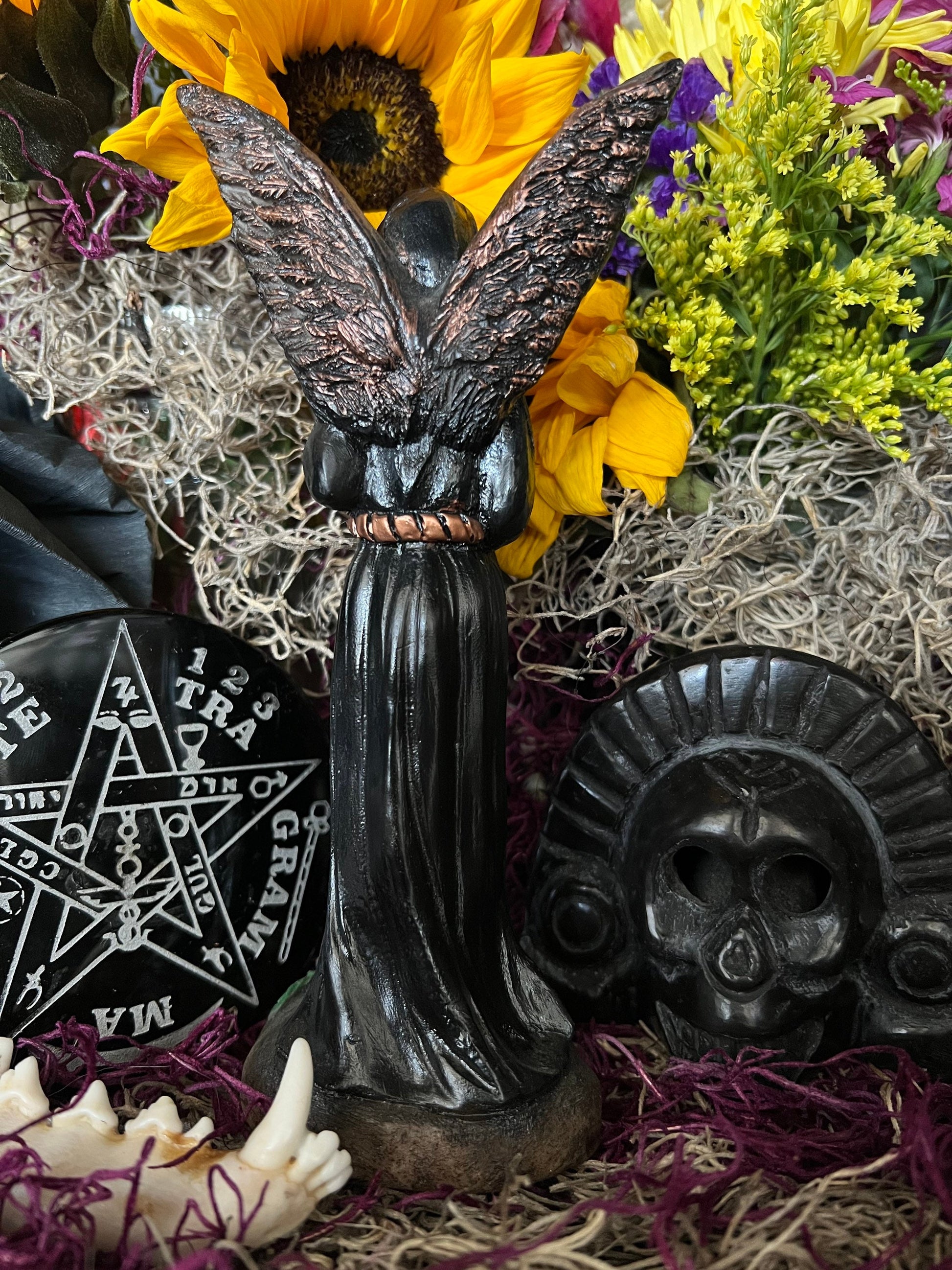 Santa Muerte Negra with Copper Wings Statue + Baptized + Fixed + Made in Mexico