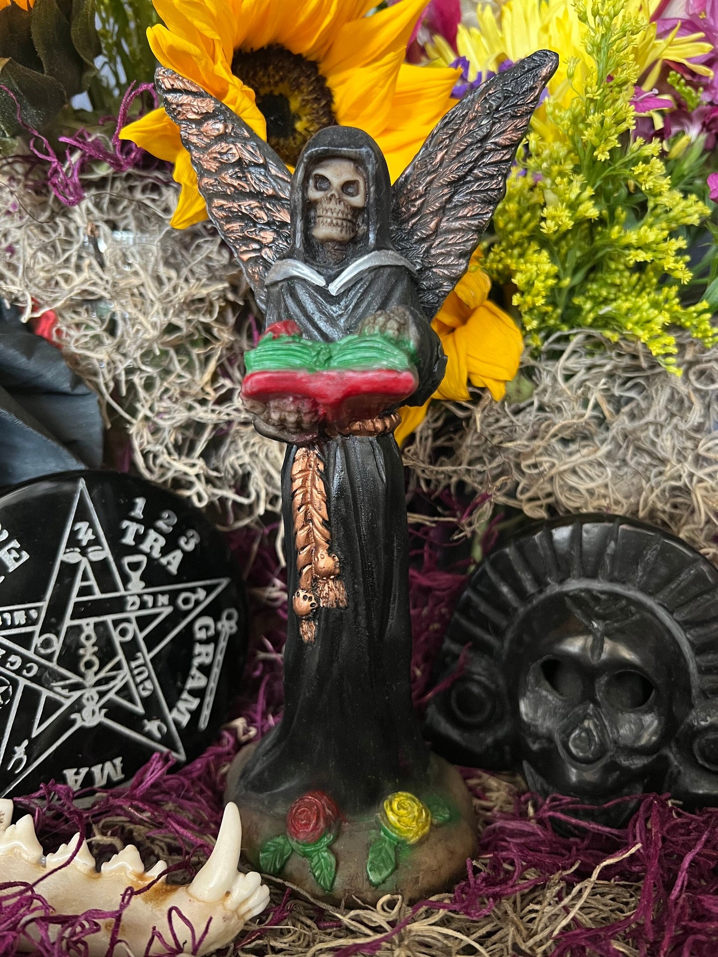 Santa Muerte Negra with Copper Wings Statue + Baptized + Fixed + Made in Mexico