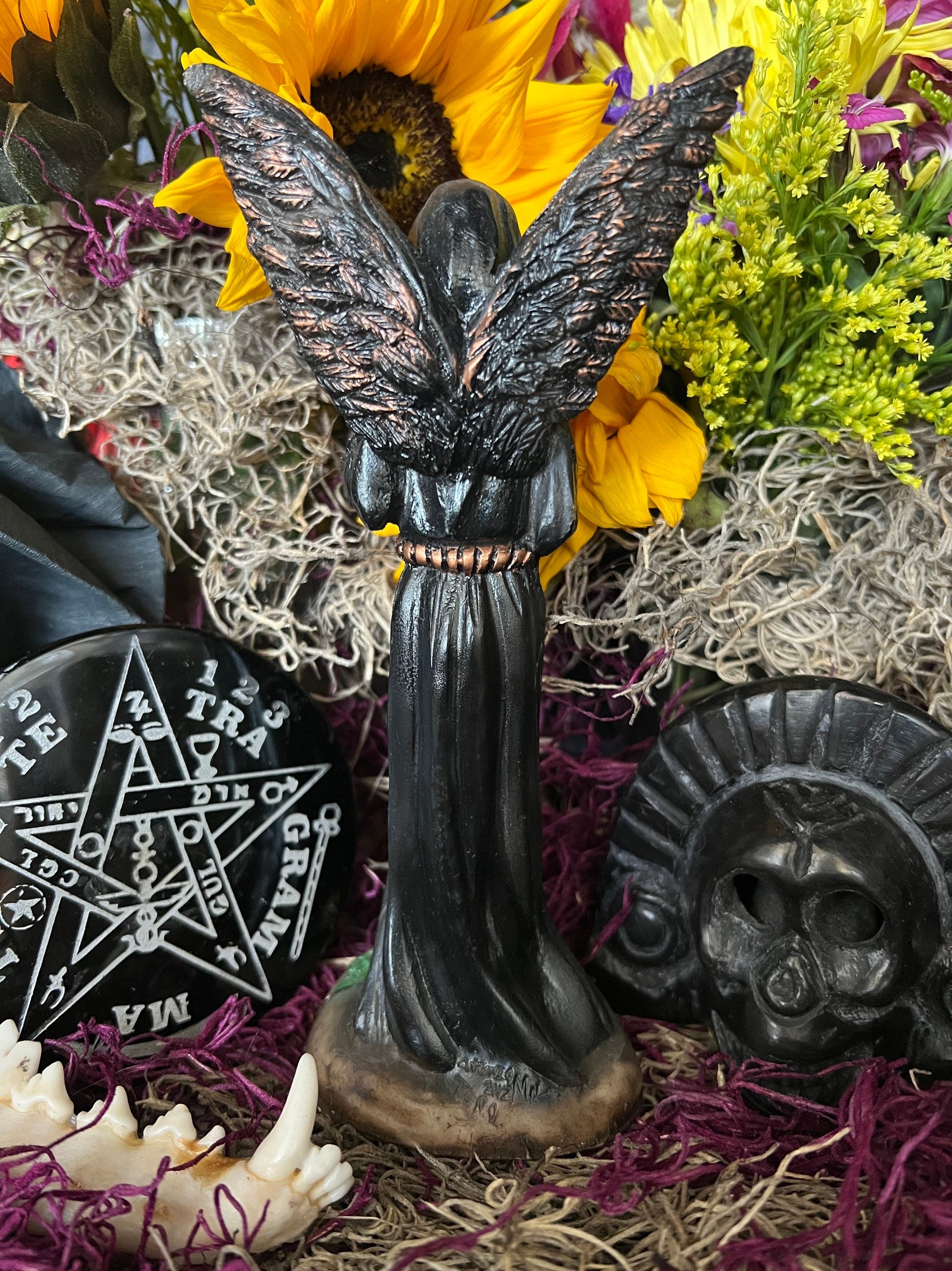 Santa Muerte Negra with Copper Wings Statue + Baptized + Fixed + Made in Mexico