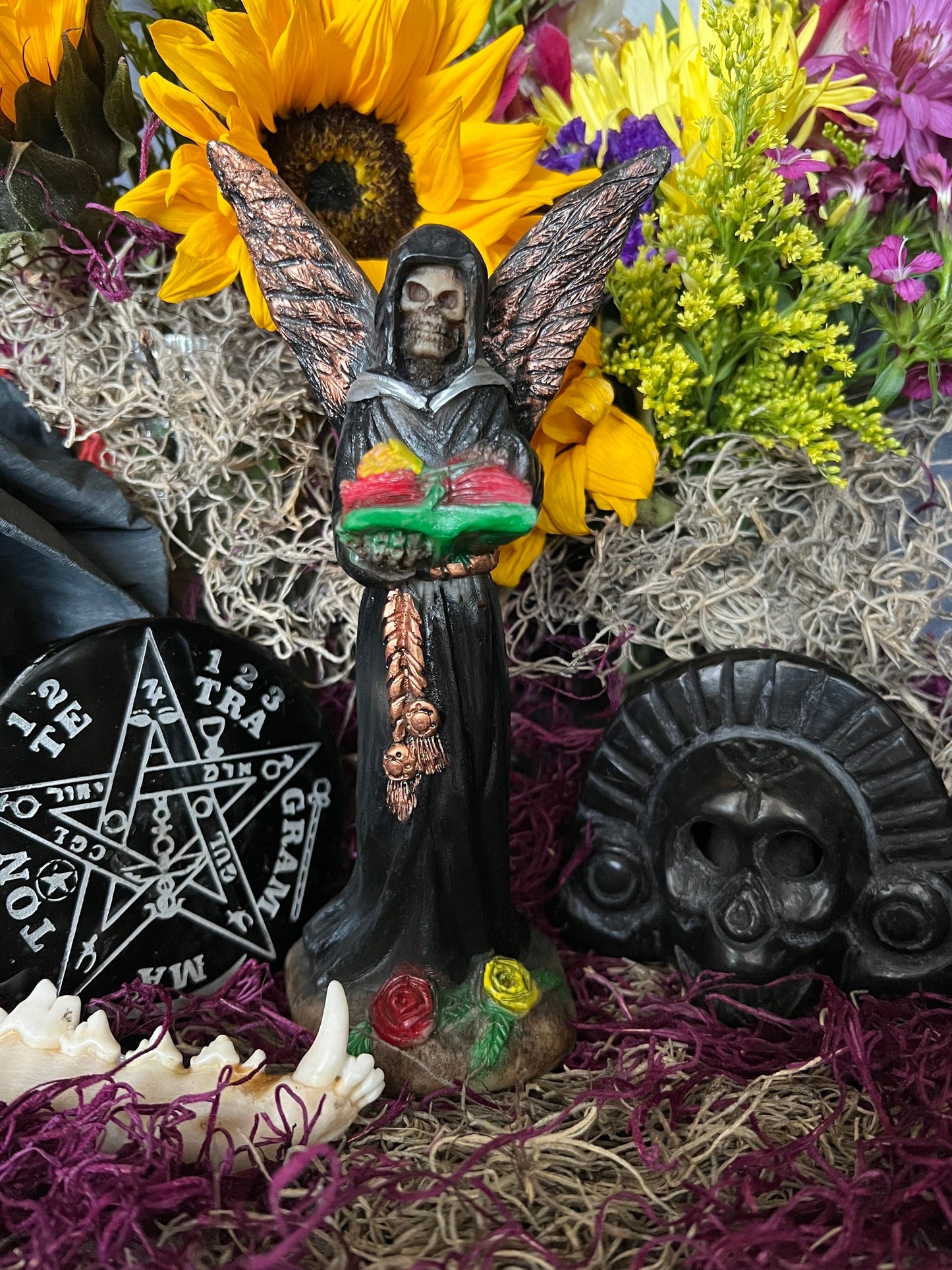Santa Muerte Negra with Copper Wings Statue + Baptized + Fixed + Made in Mexico