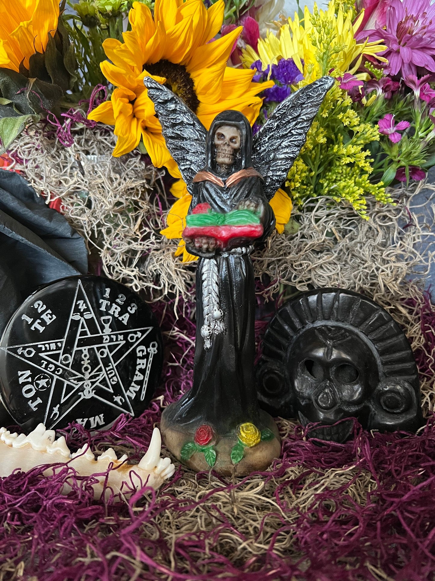 Santa Muerte Negra with Silver Wings Statue + Baptized + Fixed + Made in Mexico