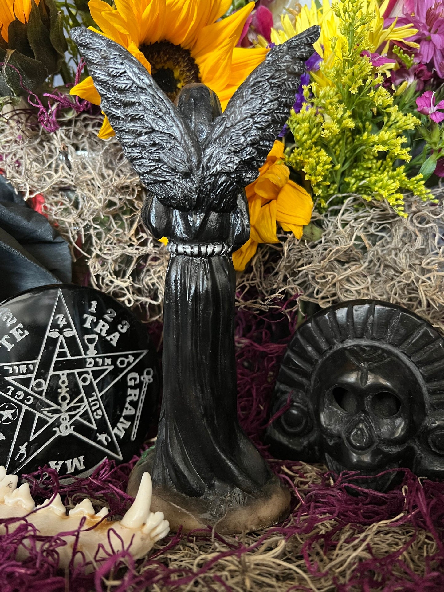 Santa Muerte Negra with Silver Wings Statue + Baptized + Fixed + Made in Mexico