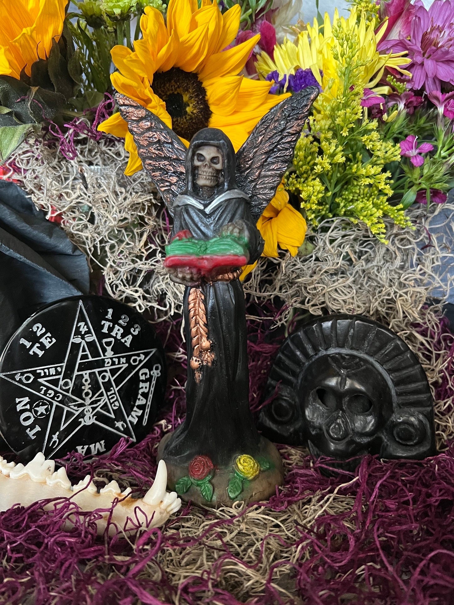 Santa Muerte Negra with Copper Wings Statue + Baptized + Fixed + Made in Mexico