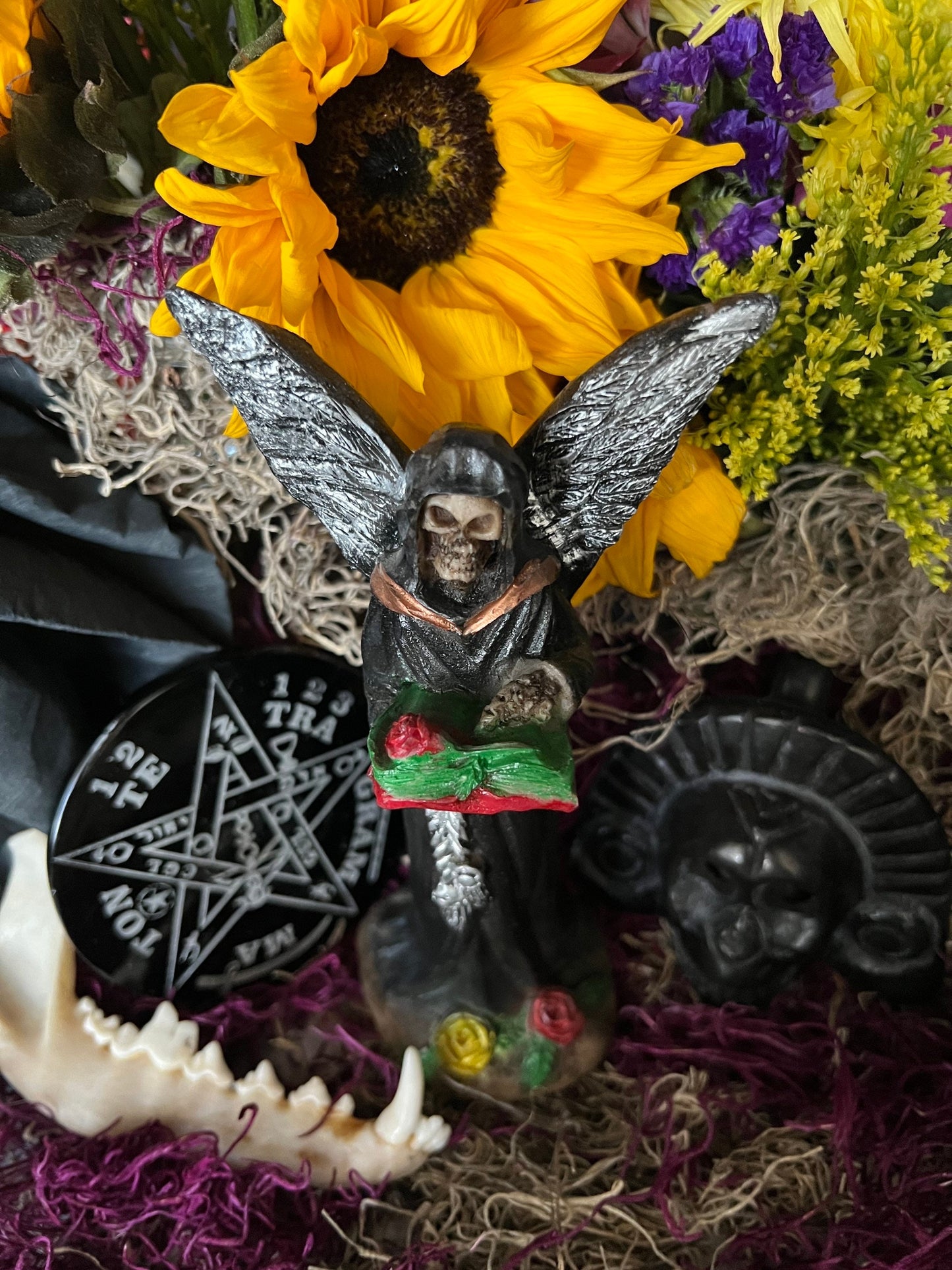 Santa Muerte Negra with Silver Wings Statue + Baptized + Fixed + Made in Mexico