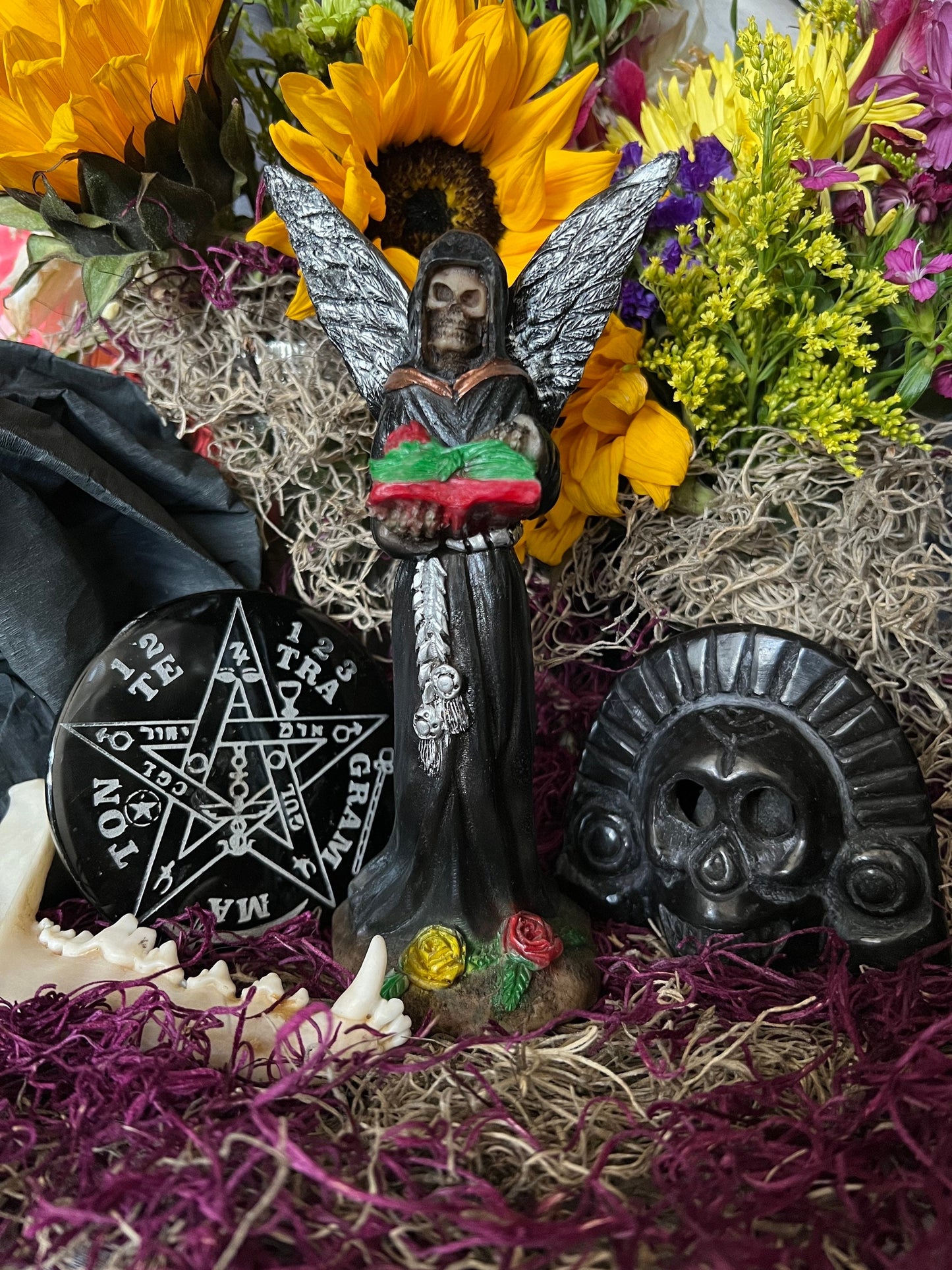 Santa Muerte Negra with Silver Wings Statue + Baptized + Fixed + Made in Mexico