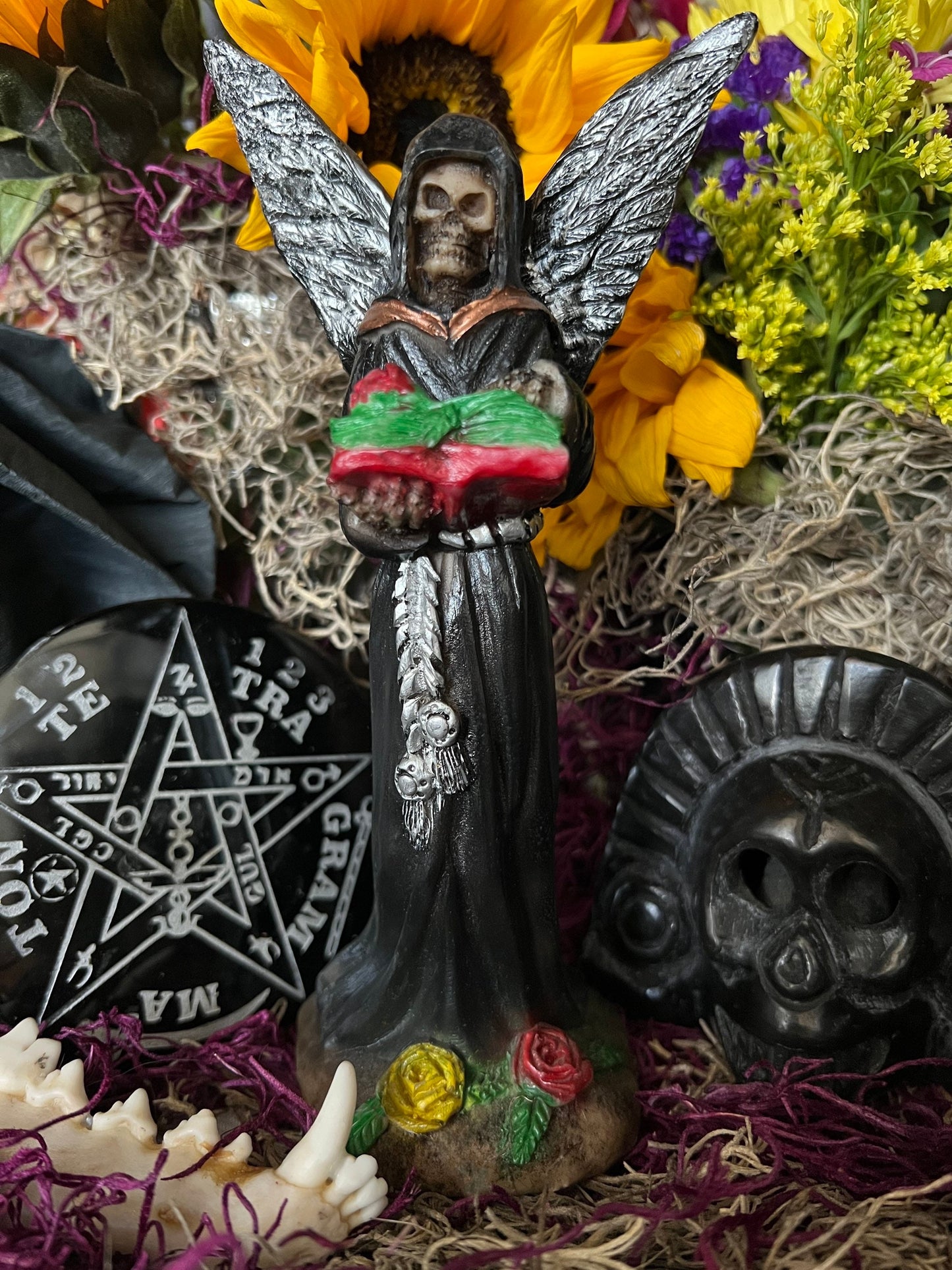 Santa Muerte Negra with Silver Wings Statue + Baptized + Fixed + Made in Mexico