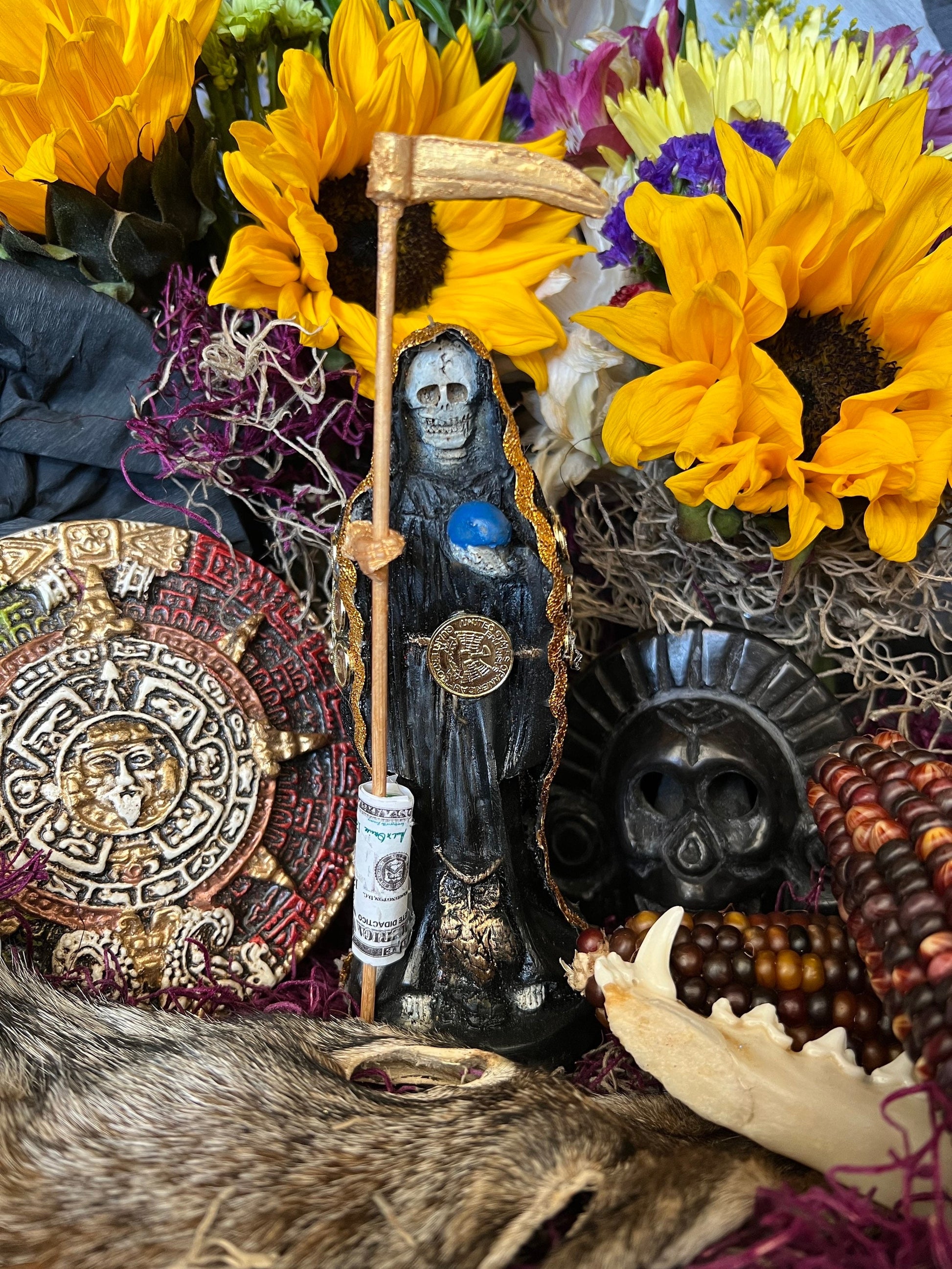 Deluxe Santa Muerte Negra / Black Statue + 24K Gold + Baptized + Fixed + Made in Mexico