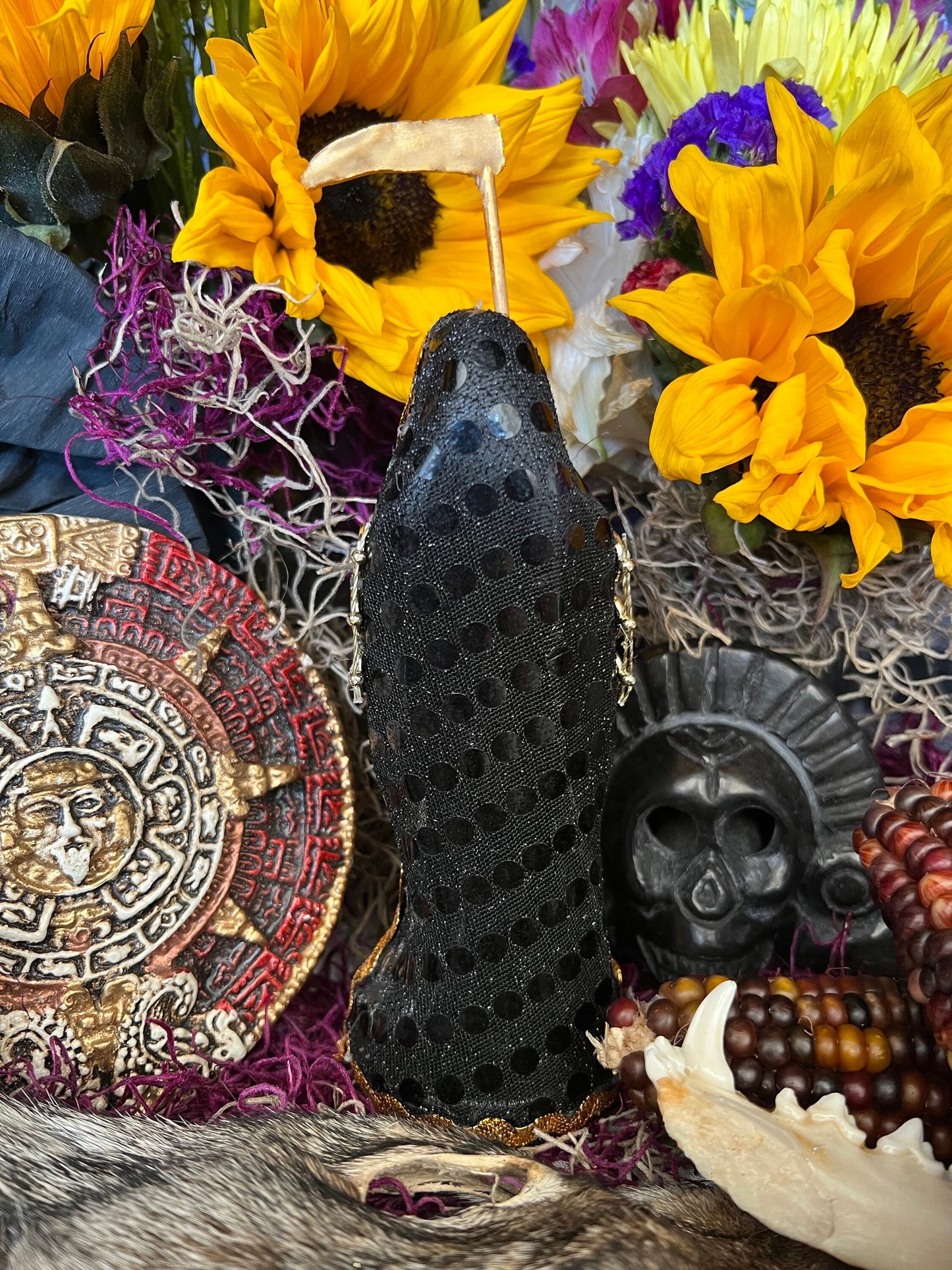Deluxe Santa Muerte Negra / Black Statue + 24K Gold + Baptized + Fixed + Made in Mexico