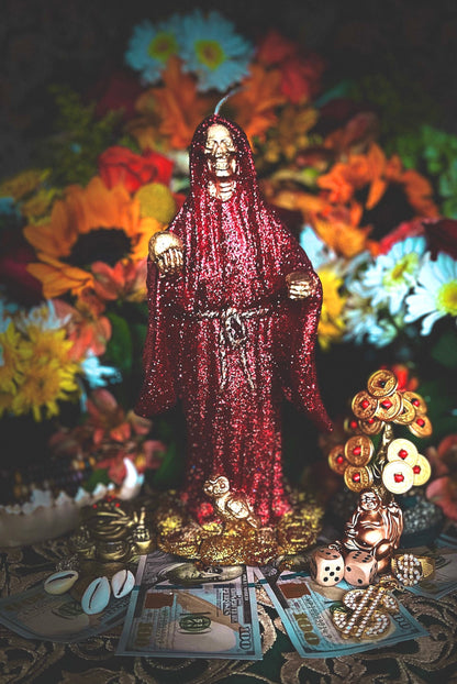 Santa Muerte Roja Figure Candle + Love + Passion + Domination + Money + 24K Gold + Baptized + Blessed + Fixed