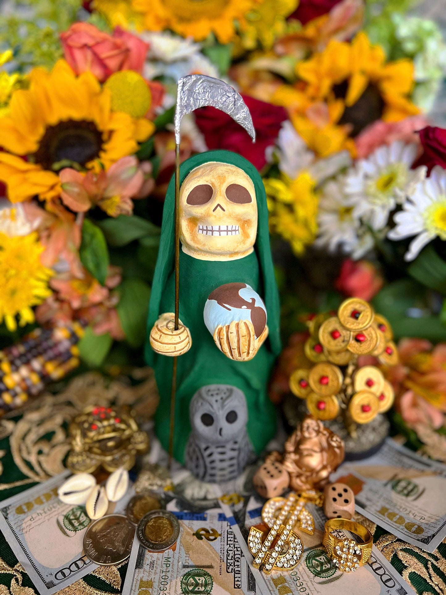 Santa Muerte Verde Statue + Green + Mictecacihuatl + Mictlantecihuatl + Traditionally Crafted from Mexican Clay + 1 of Kind + Made in Mexico