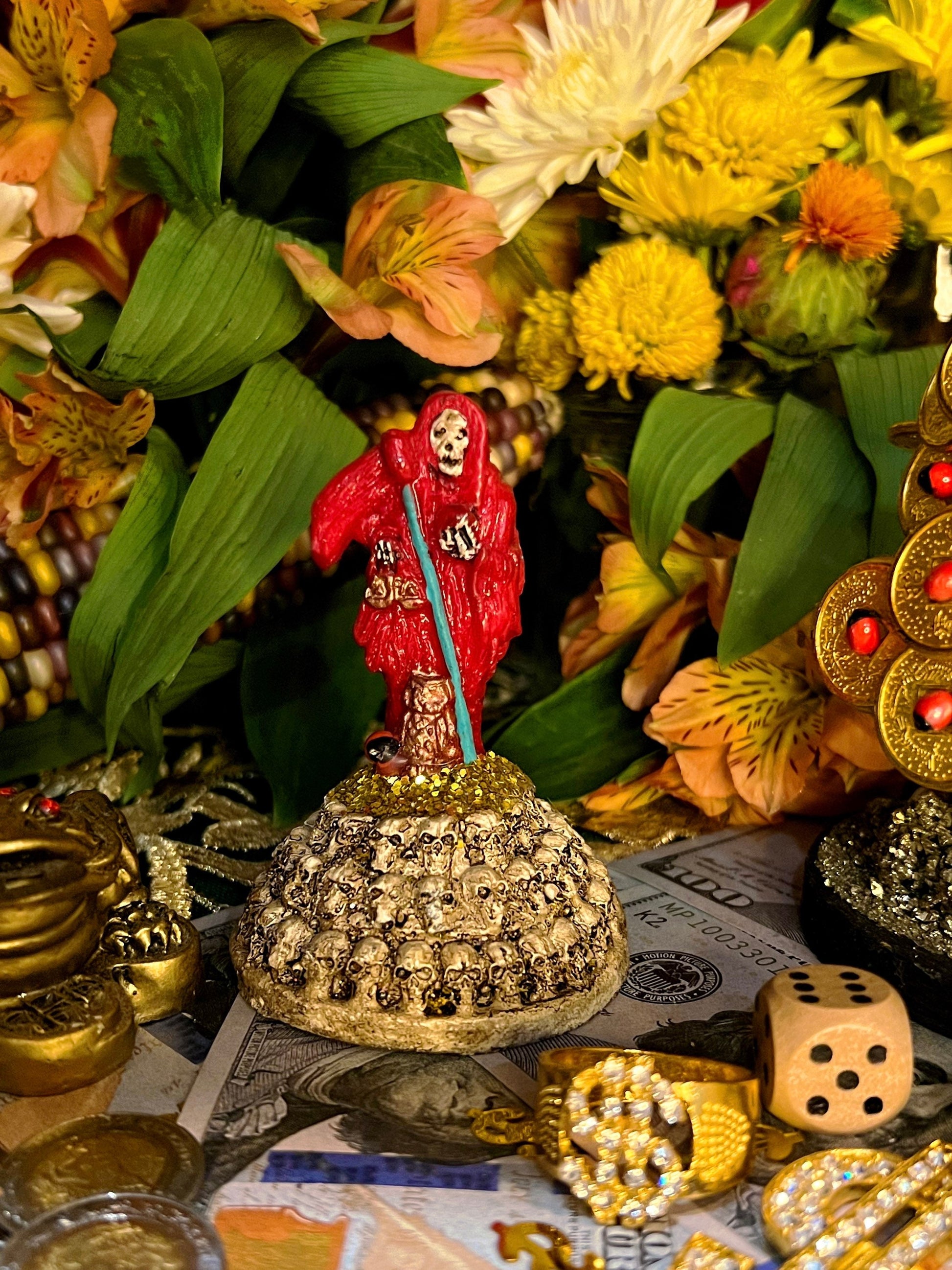 Santa Muerte Roja Statuette + Skulls + Baptized + Blessed + Fixed + Made in Mexico