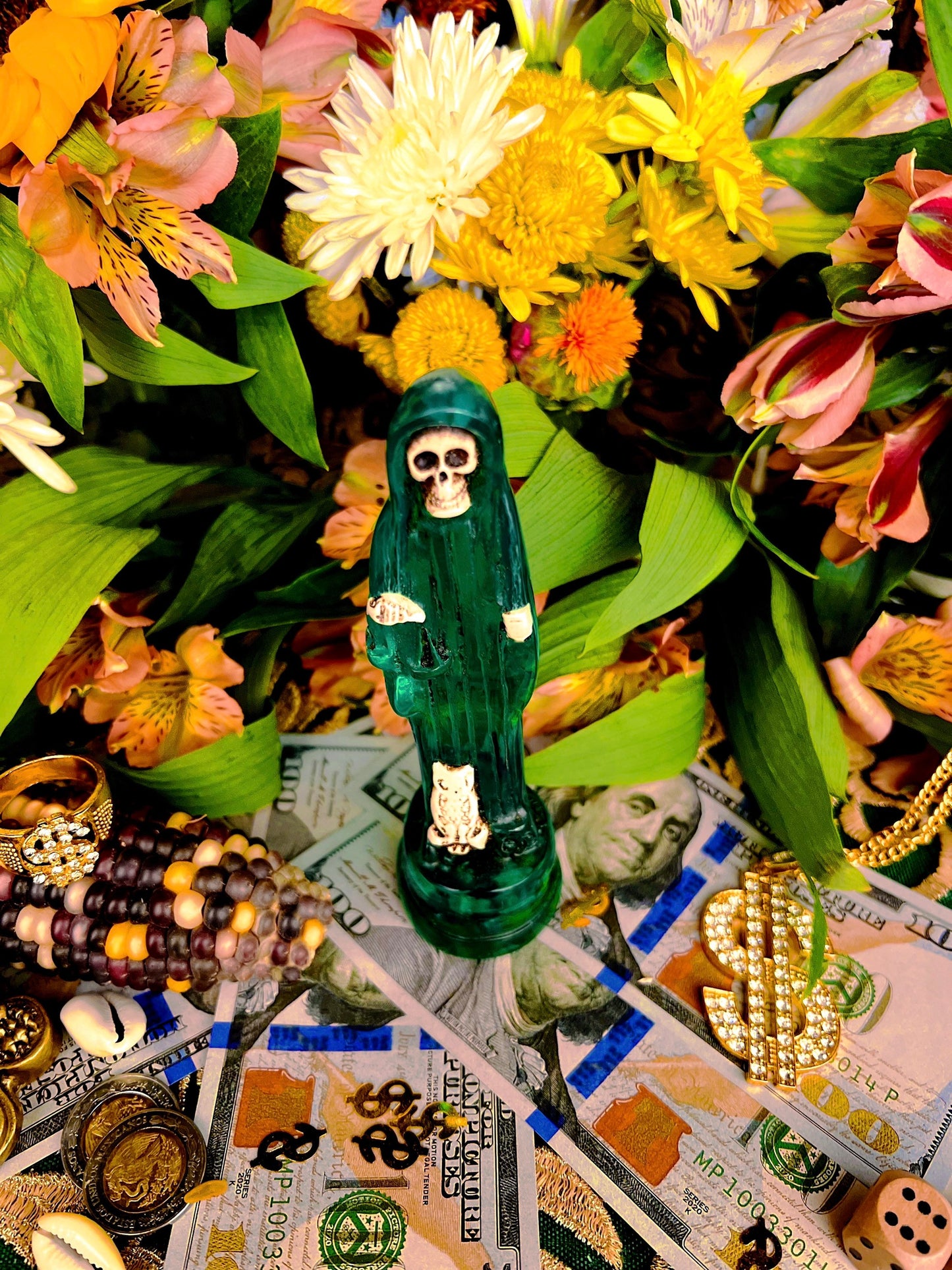 Santa Muerte Verde Statue + Green + Money + Legal Issues + Justice + Transparent + Baptized + Fixed + Made in Mexico