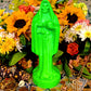 Neon Santa Muerte Figure Candle + Blessed + Glows under Blacklight