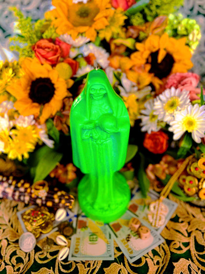 Neon Santa Muerte Figure Candle + Blessed + Glows under Blacklight