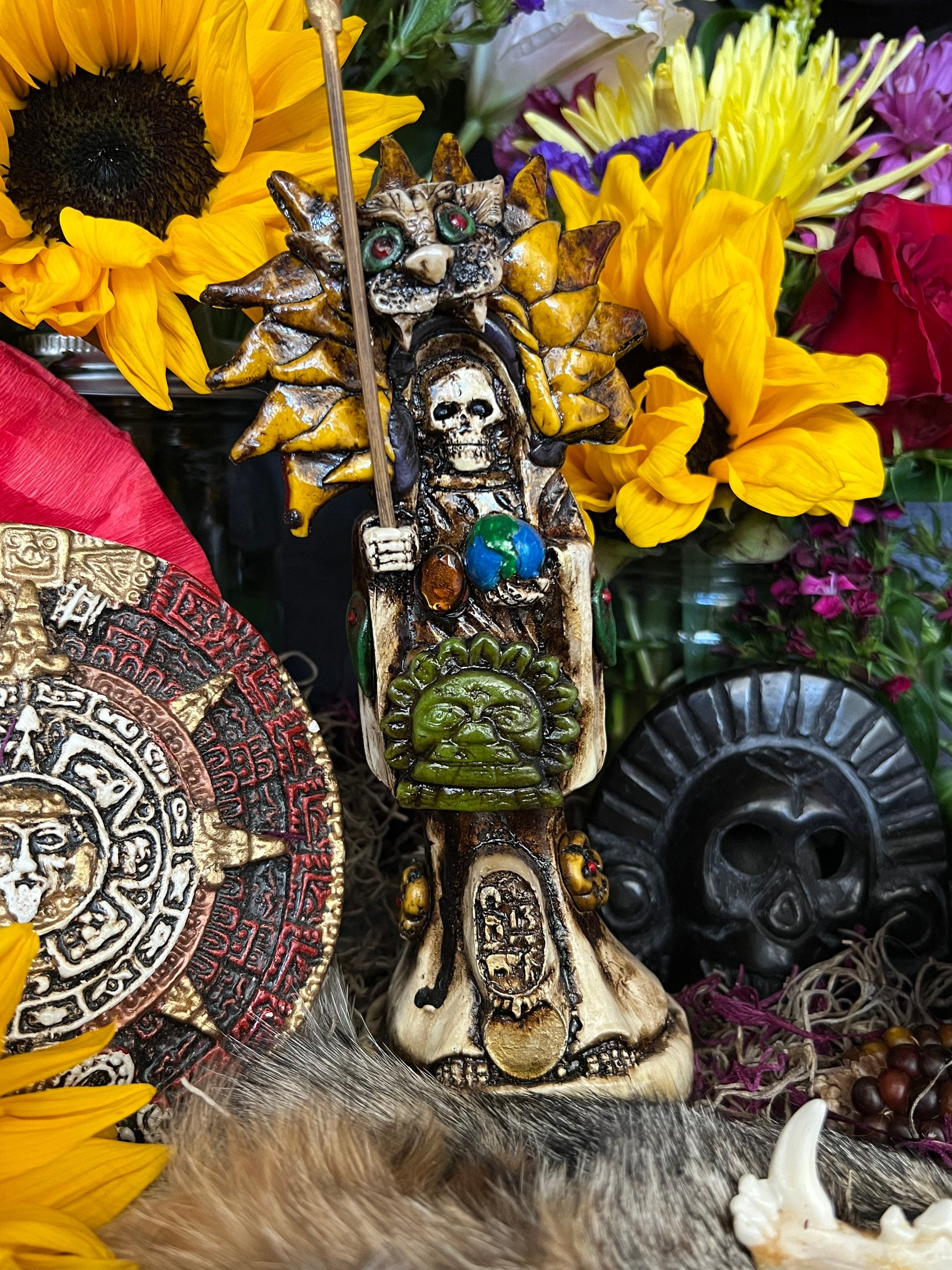 Santa Muerte Azteca Statue + 24K Gold + Baptized + Fixed + Made in Mexico