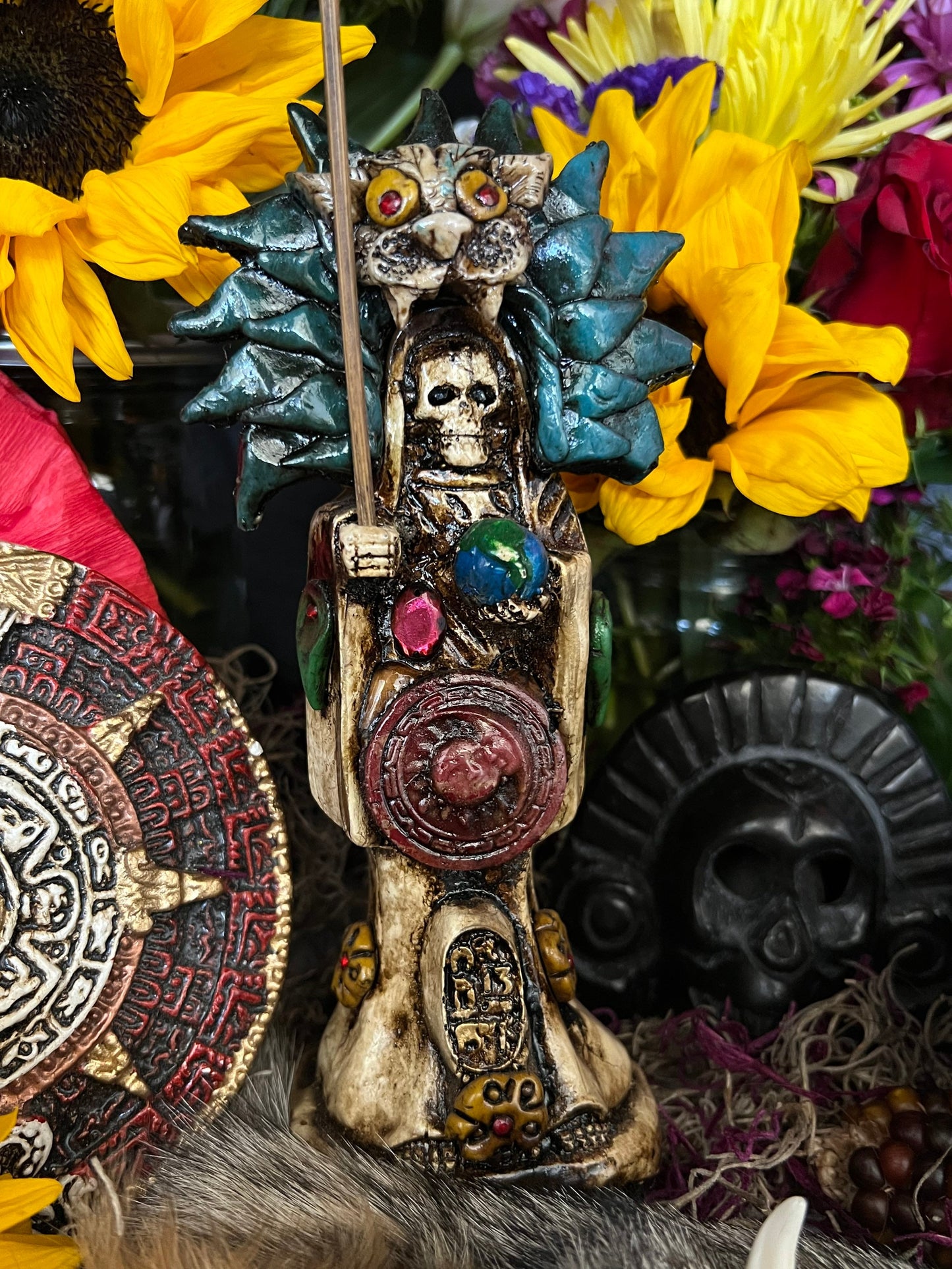 Santa Muerte Azteca Statue + 24K Gold + Baptized + Fixed + Made in Mexico