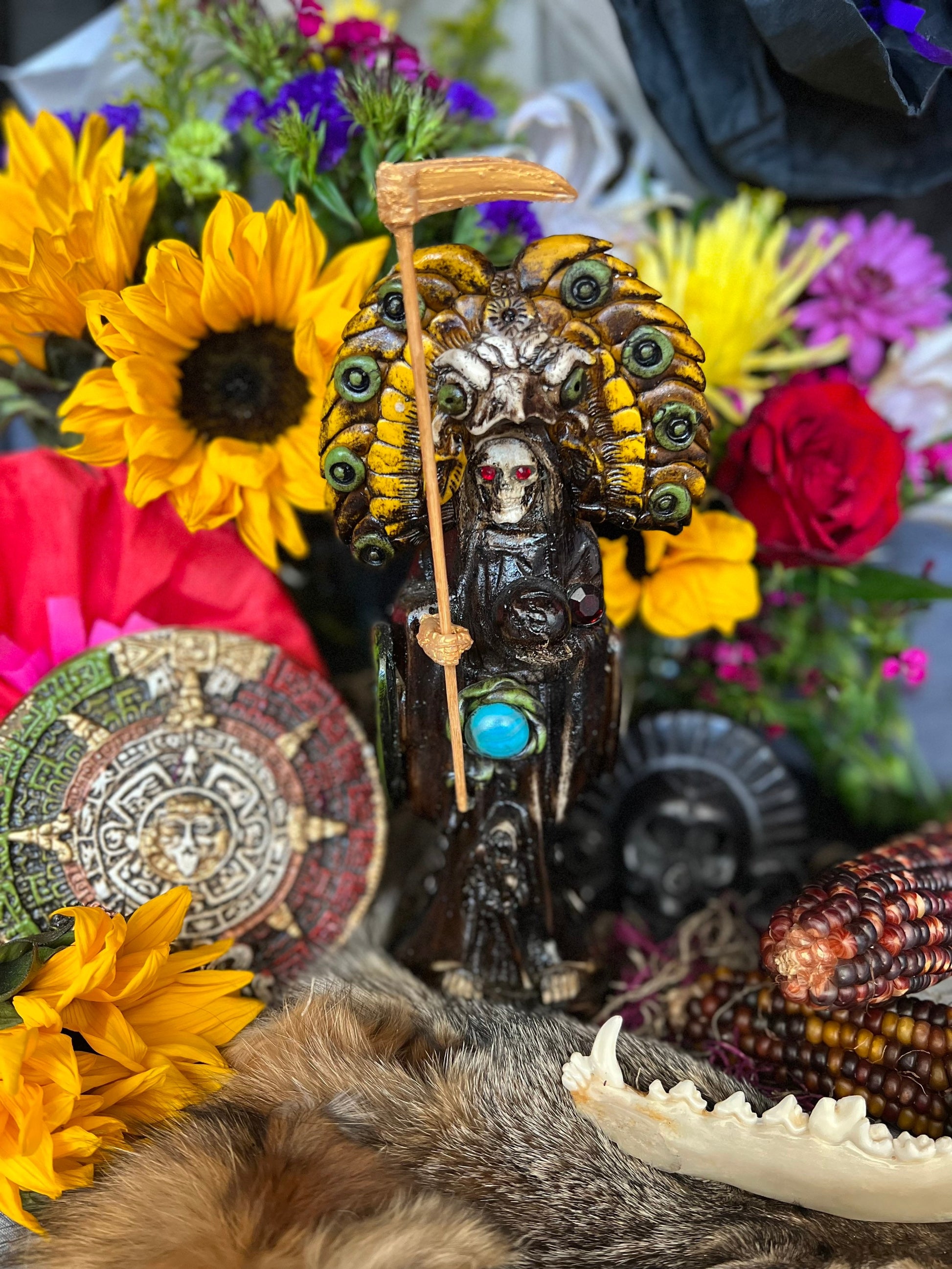 Santa Muerte Azteca Statue + 24K Gold + Baptized + Fixed + Made in Mexico + Aztek