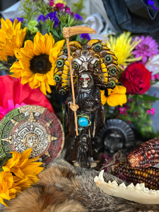 Santa Muerte Azteca Statue + 24K Gold + Baptized + Fixed + Made in Mexico + Aztek