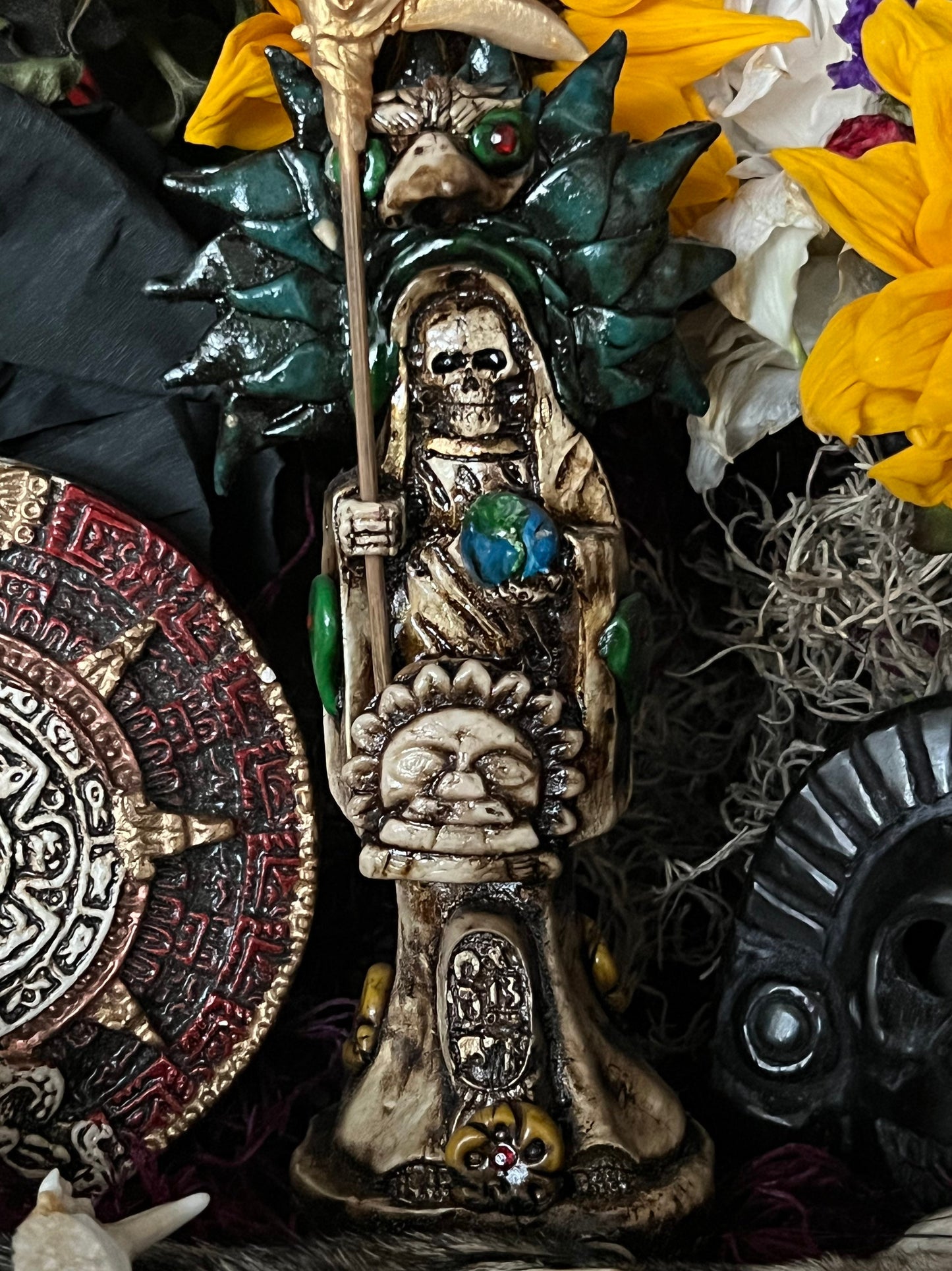Santa Muerte Azteca Statue + 24K Gold + Baptized + Fixed + Made in Mexico