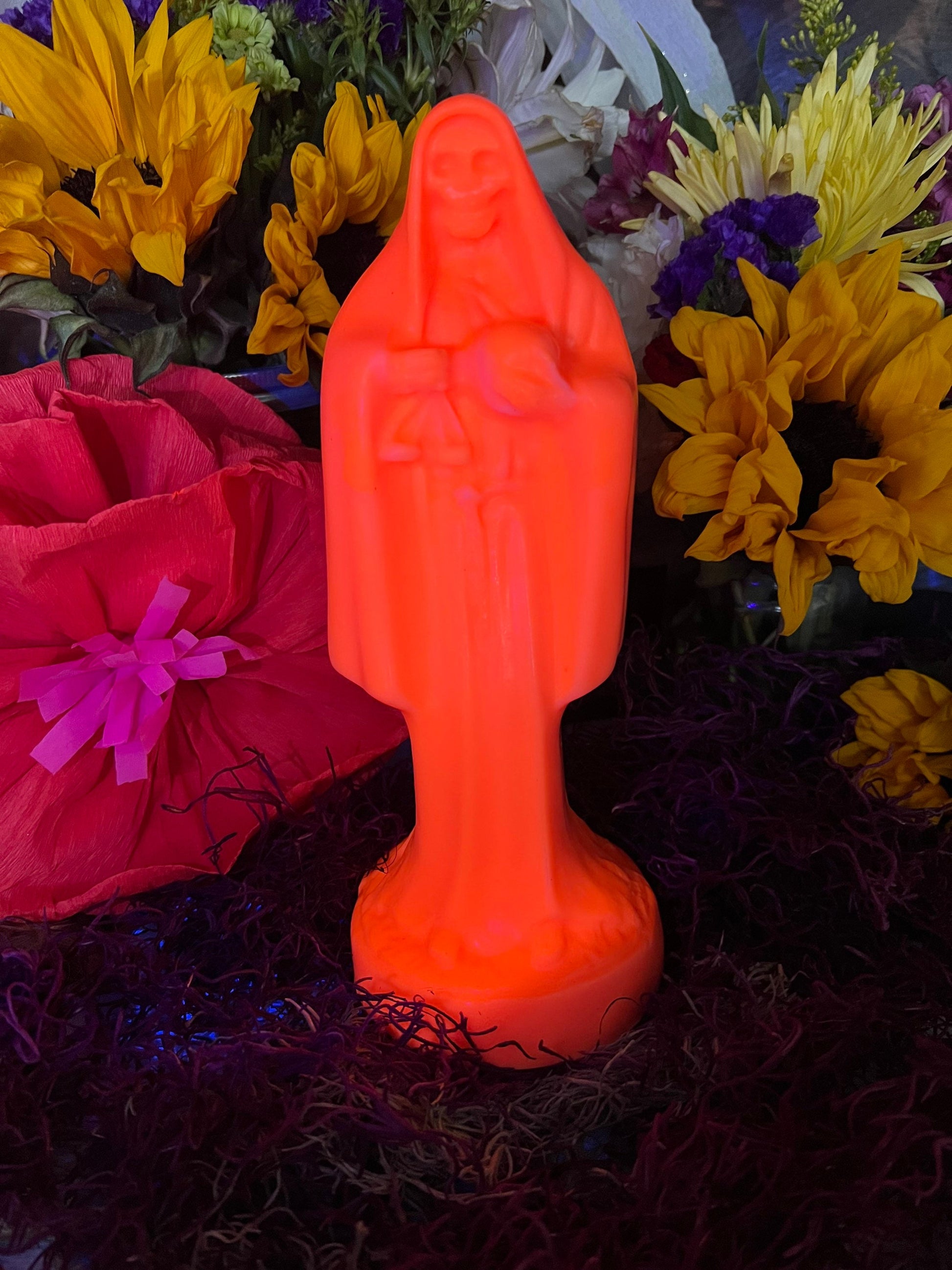 Neon Santa Muerte Figure Candle + Blessed + Glows under Blacklight