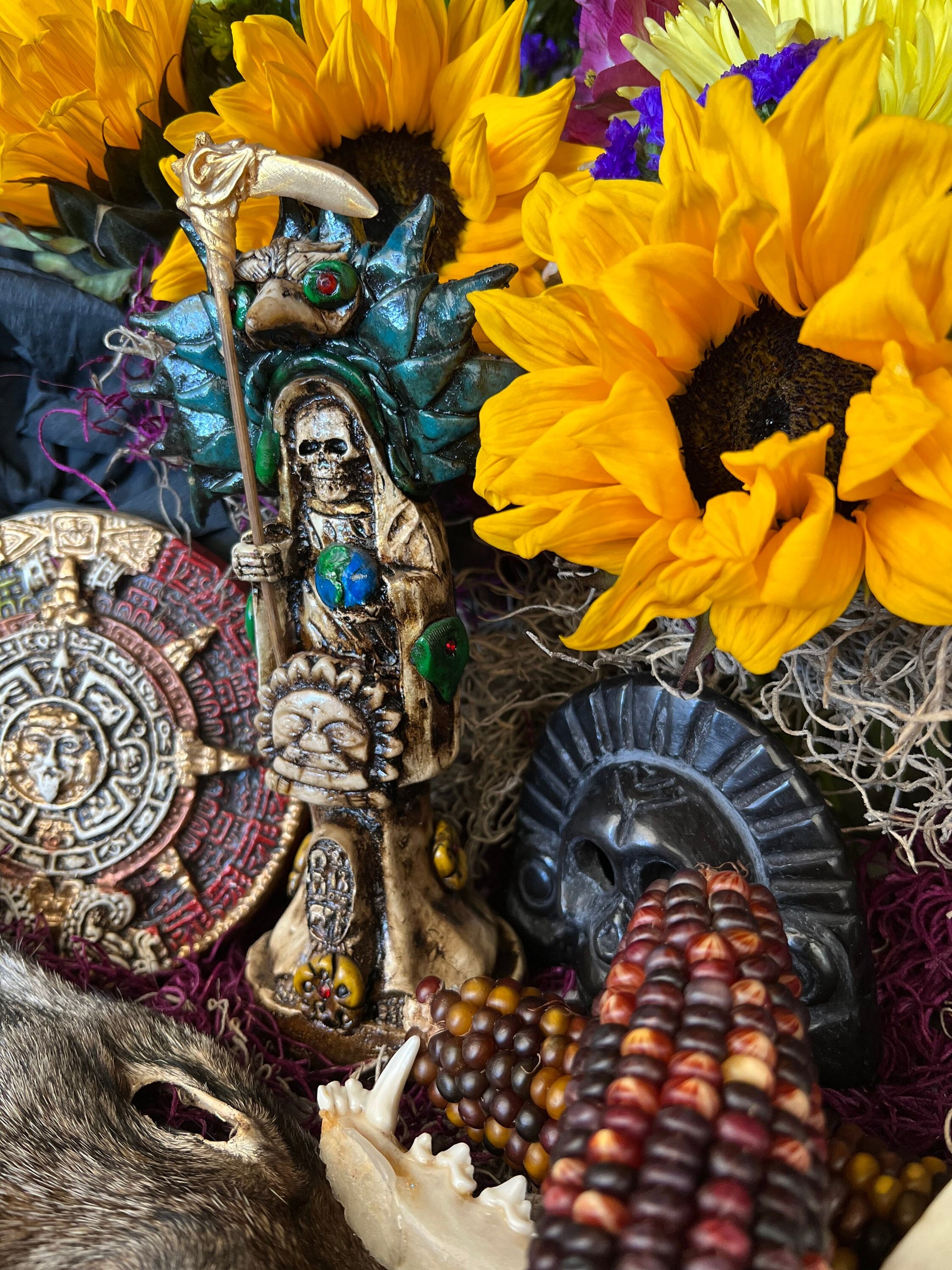 Santa Muerte Azteca Statue + 24K Gold + Baptized + Fixed + Made in Mexico